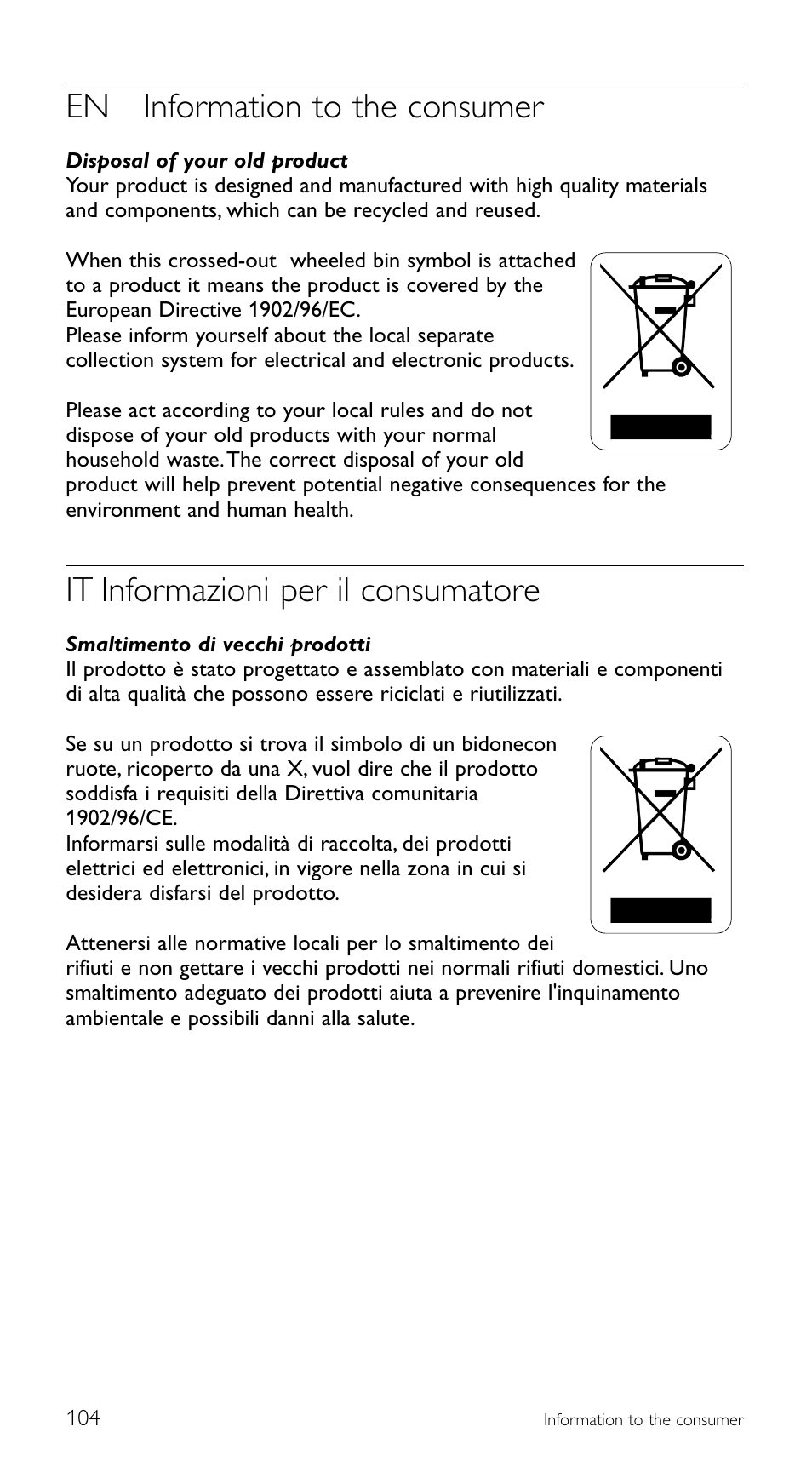 En information to the consumer, It informazioni per il consumatore | Philips Mando a distancia universal User Manual | Page 104 / 108