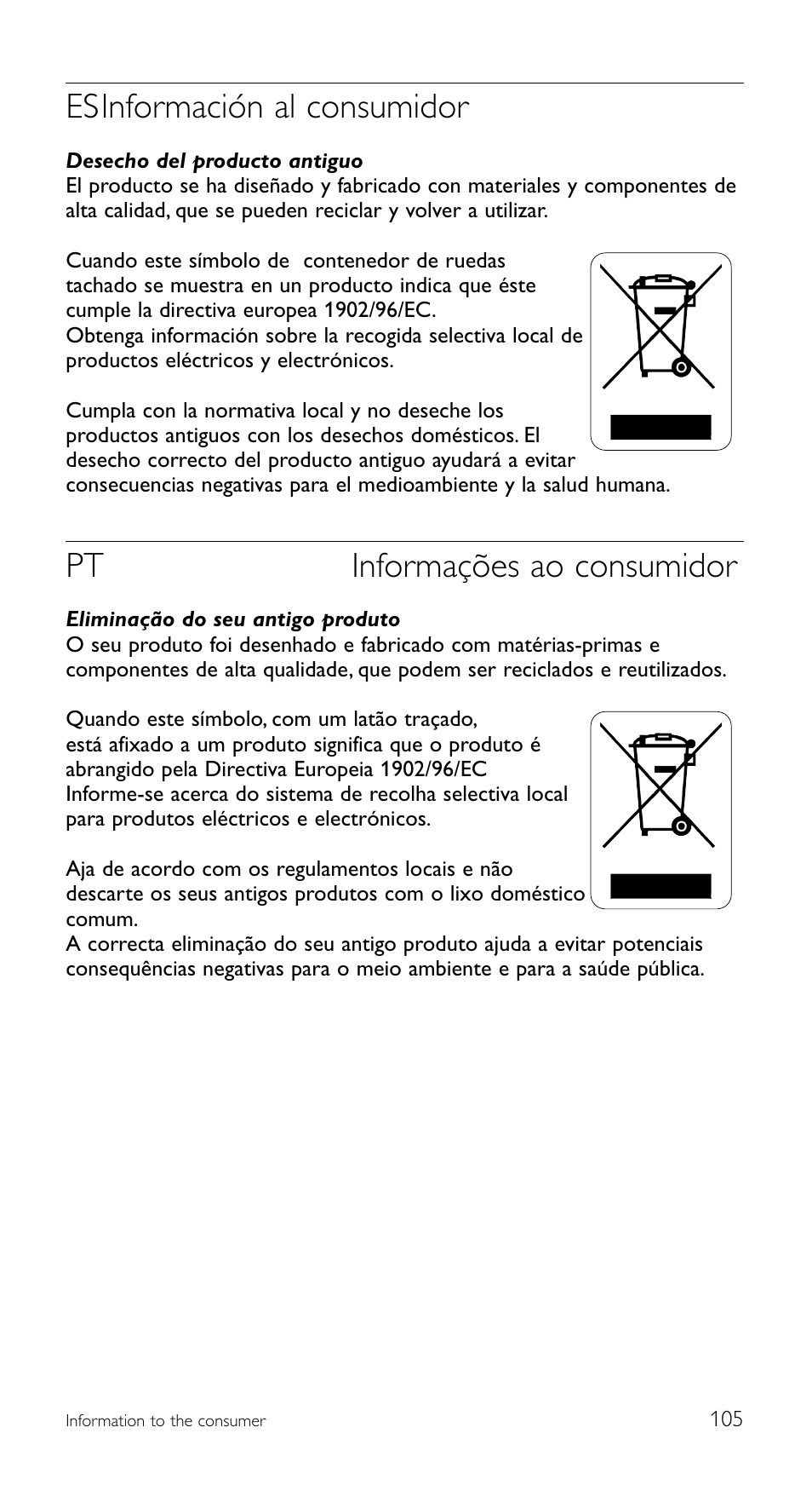 Esinformación al consumidor, Pt informações ao consumidor | Philips Mando a distancia universal User Manual | Page 105 / 108