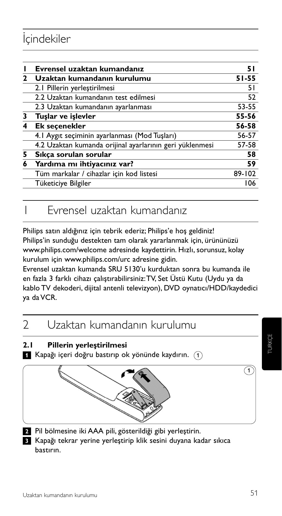 Içindekiler, 1evrensel uzaktan kumandanız, 2uzaktan kumandanın kurulumu | Philips Mando a distancia universal User Manual | Page 51 / 108