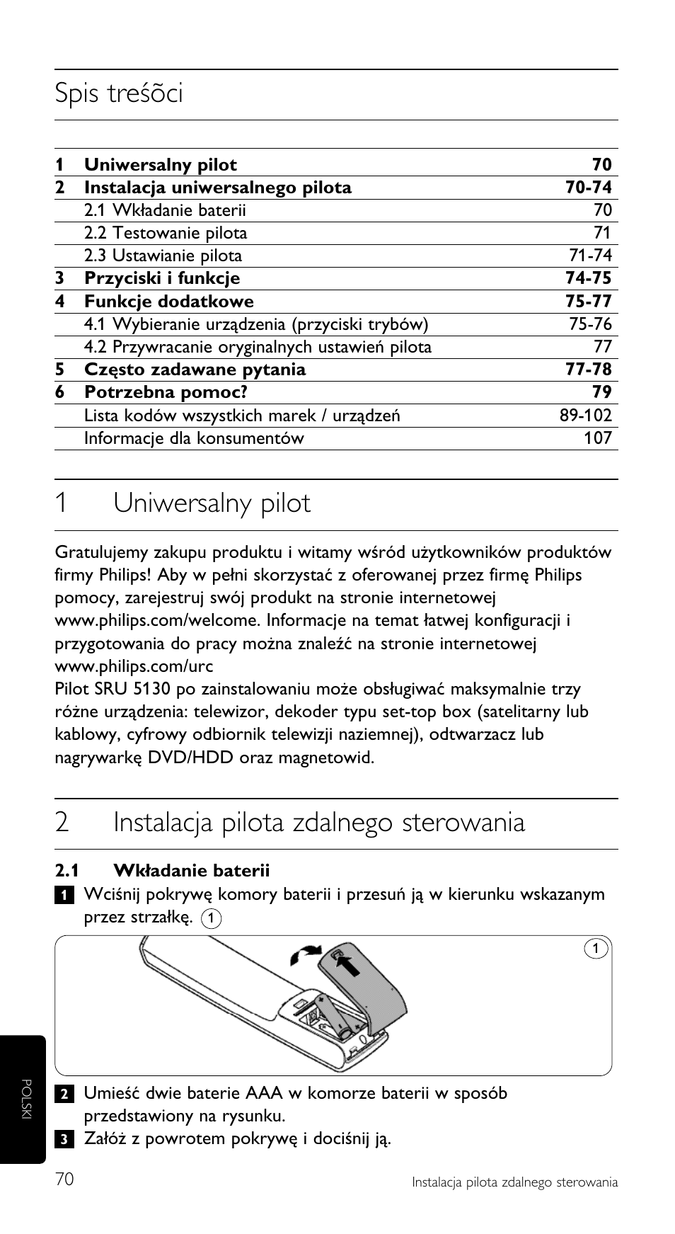 Spis treśõci, 1uniwersalny pilot, 2instalacja pilota zdalnego sterowania | Philips Mando a distancia universal User Manual | Page 70 / 108