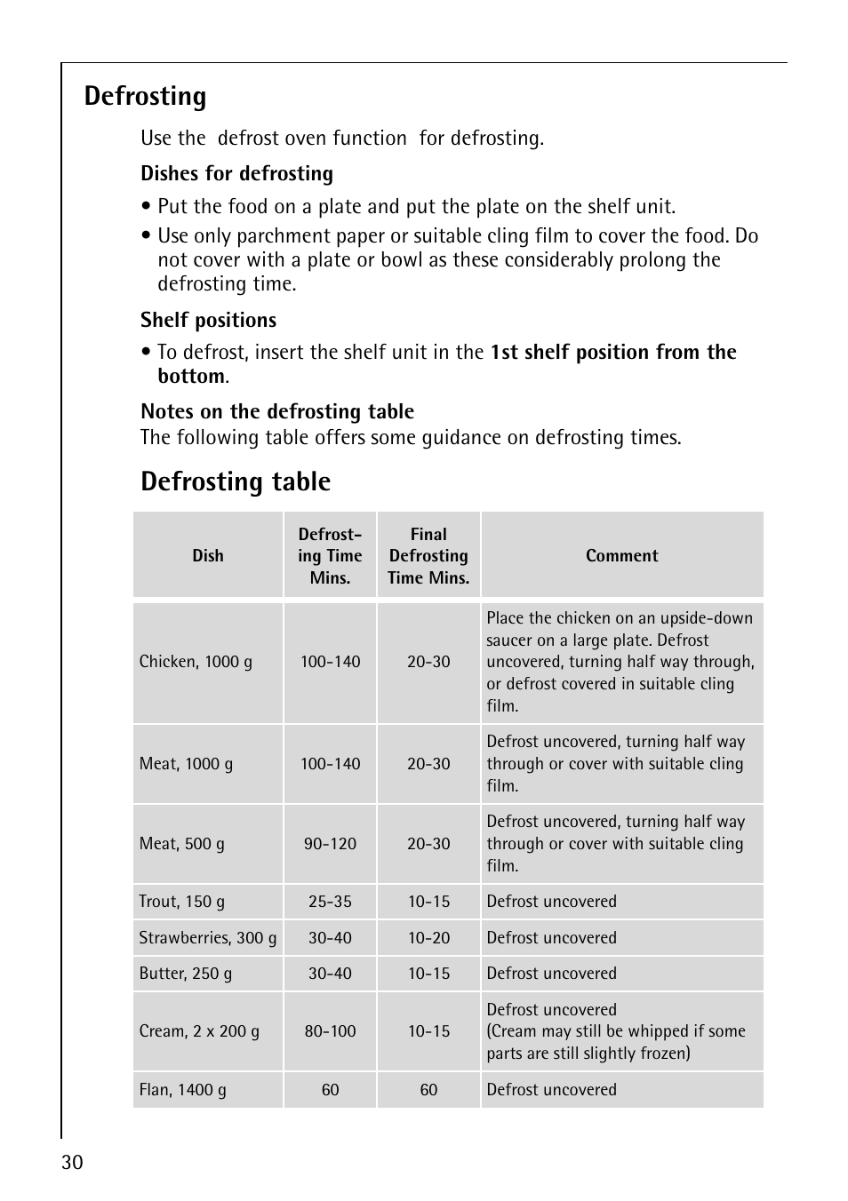 Defrosting, Defrosting table | AEG COMPETENCE E3000-1 User Manual | Page 30 / 44