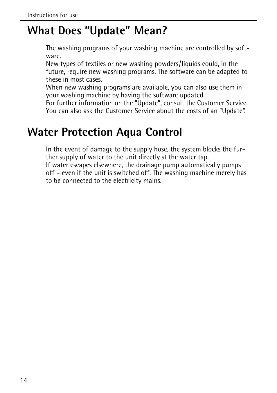 What does ”update” mean, Water protection aqua control | AEG LAVAMAT 76730 User Manual | Page 14 / 56