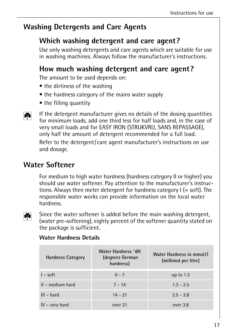 How much washing detergent and care agent, Water softener | AEG LAVAMAT 76730 User Manual | Page 17 / 56