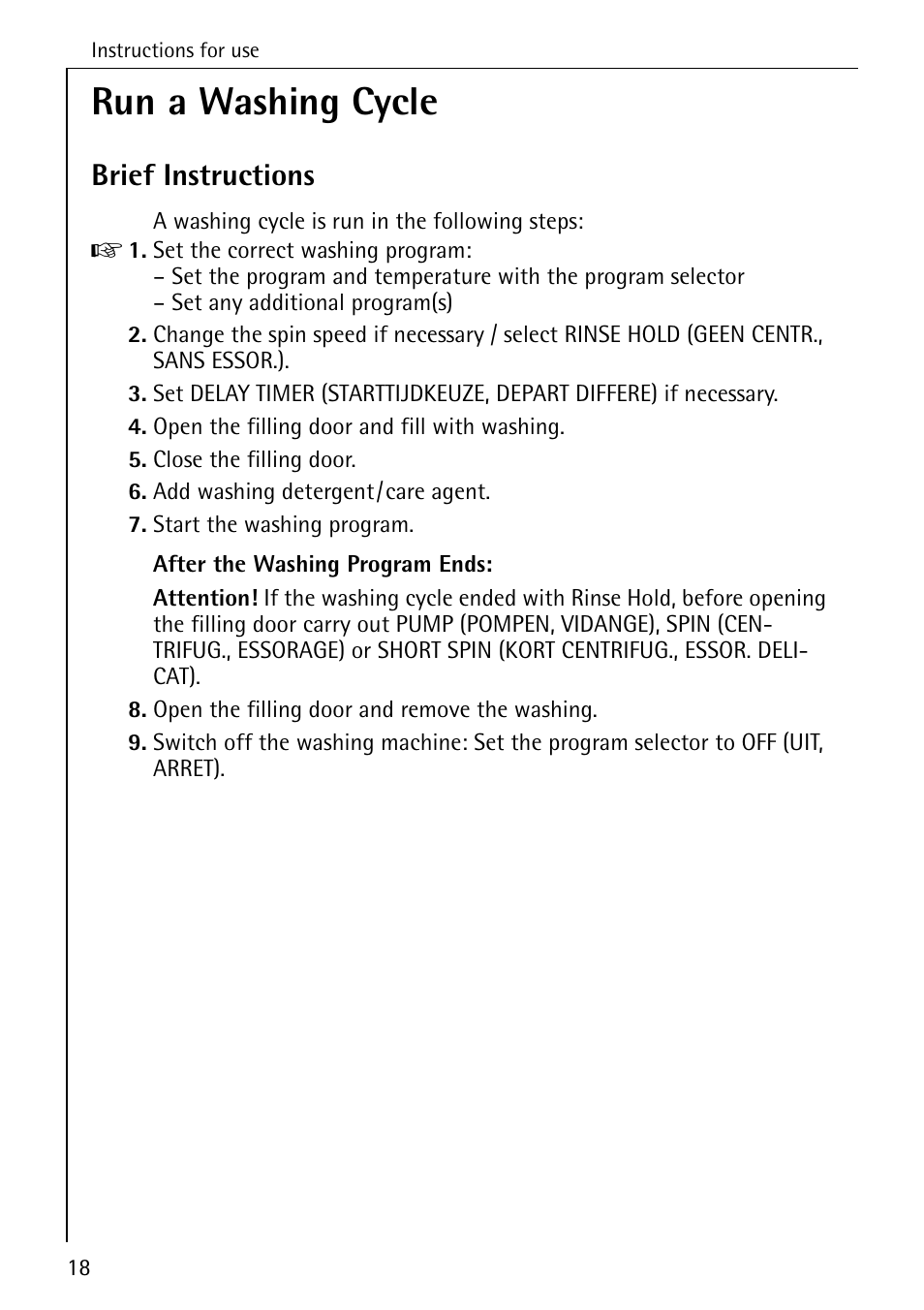 Run a washing cycle, Brief instructions | AEG LAVAMAT 76730 User Manual | Page 18 / 56