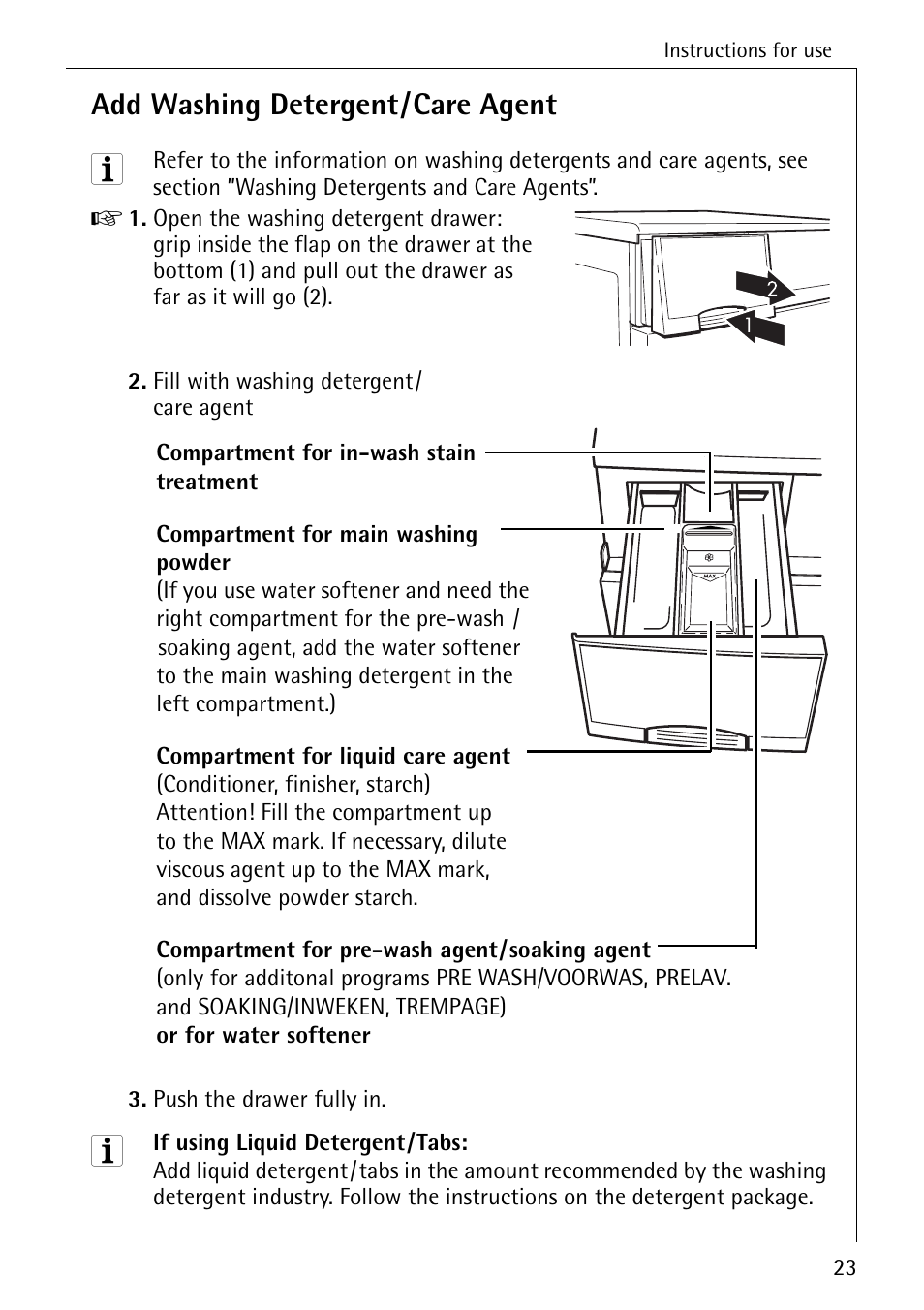 Add washing detergent/care agent | AEG LAVAMAT 76730 User Manual | Page 23 / 56