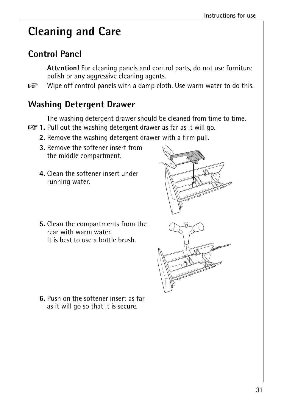 Cleaning and care, Control panel, Washing detergent drawer | AEG LAVAMAT 76730 User Manual | Page 31 / 56