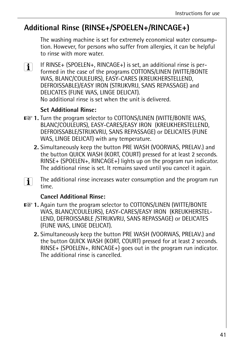 Additional rinse (rinse+/spoelen+/rincage+) | AEG LAVAMAT 76730 User Manual | Page 41 / 56
