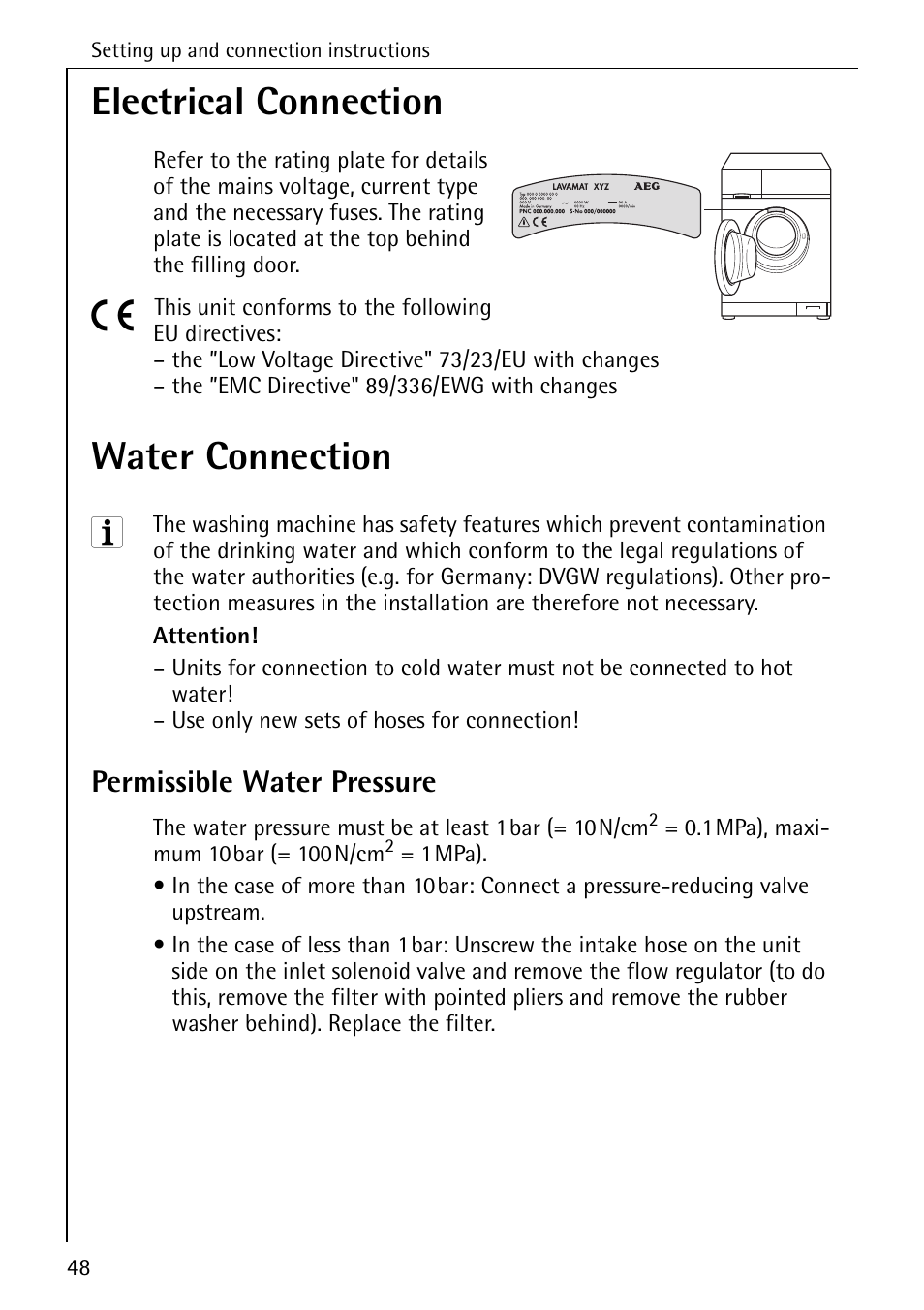 Electrical connection, Water connection, Permissible water pressure | AEG LAVAMAT 76730 User Manual | Page 48 / 56
