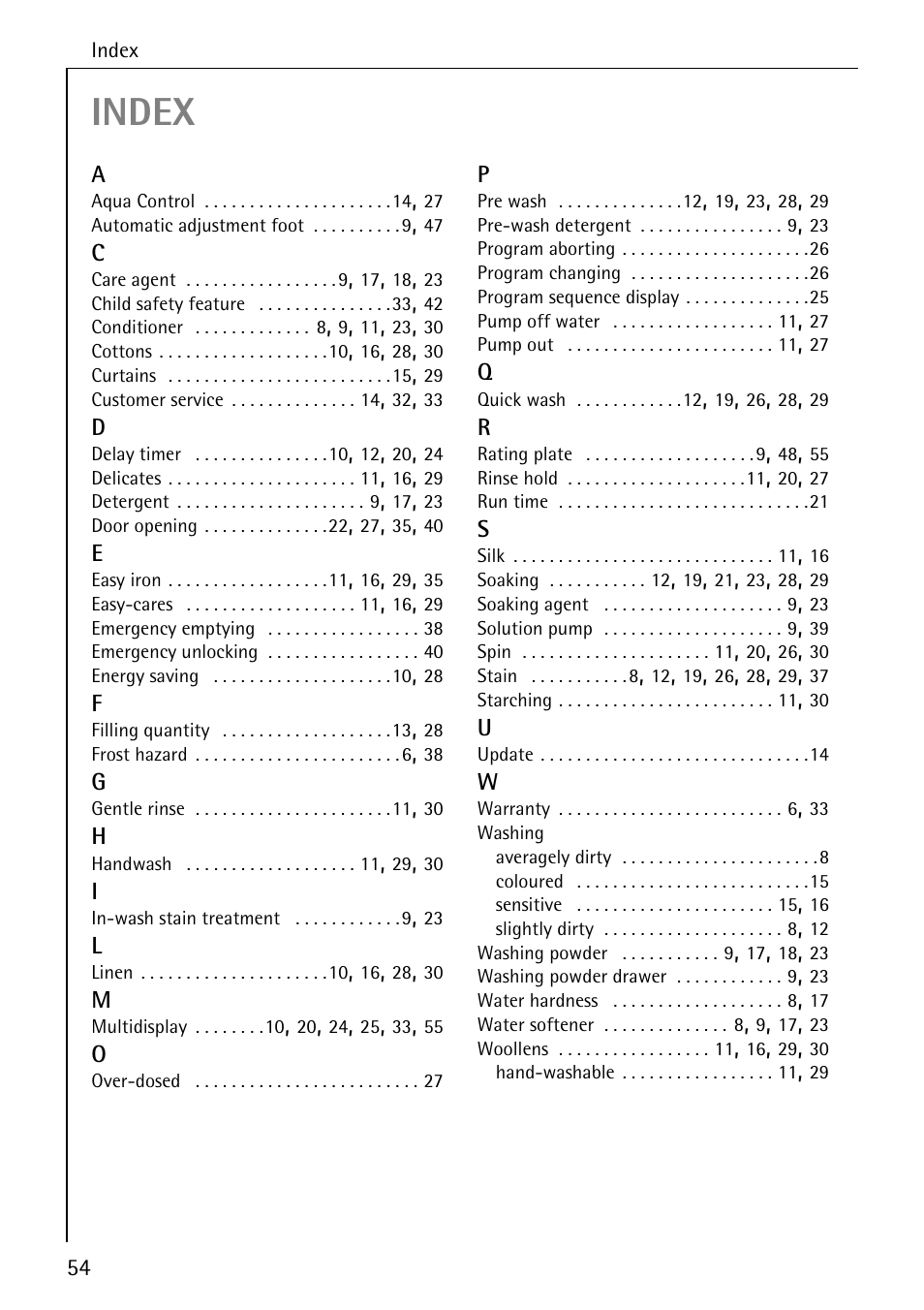 Index | AEG LAVAMAT 76730 User Manual | Page 54 / 56