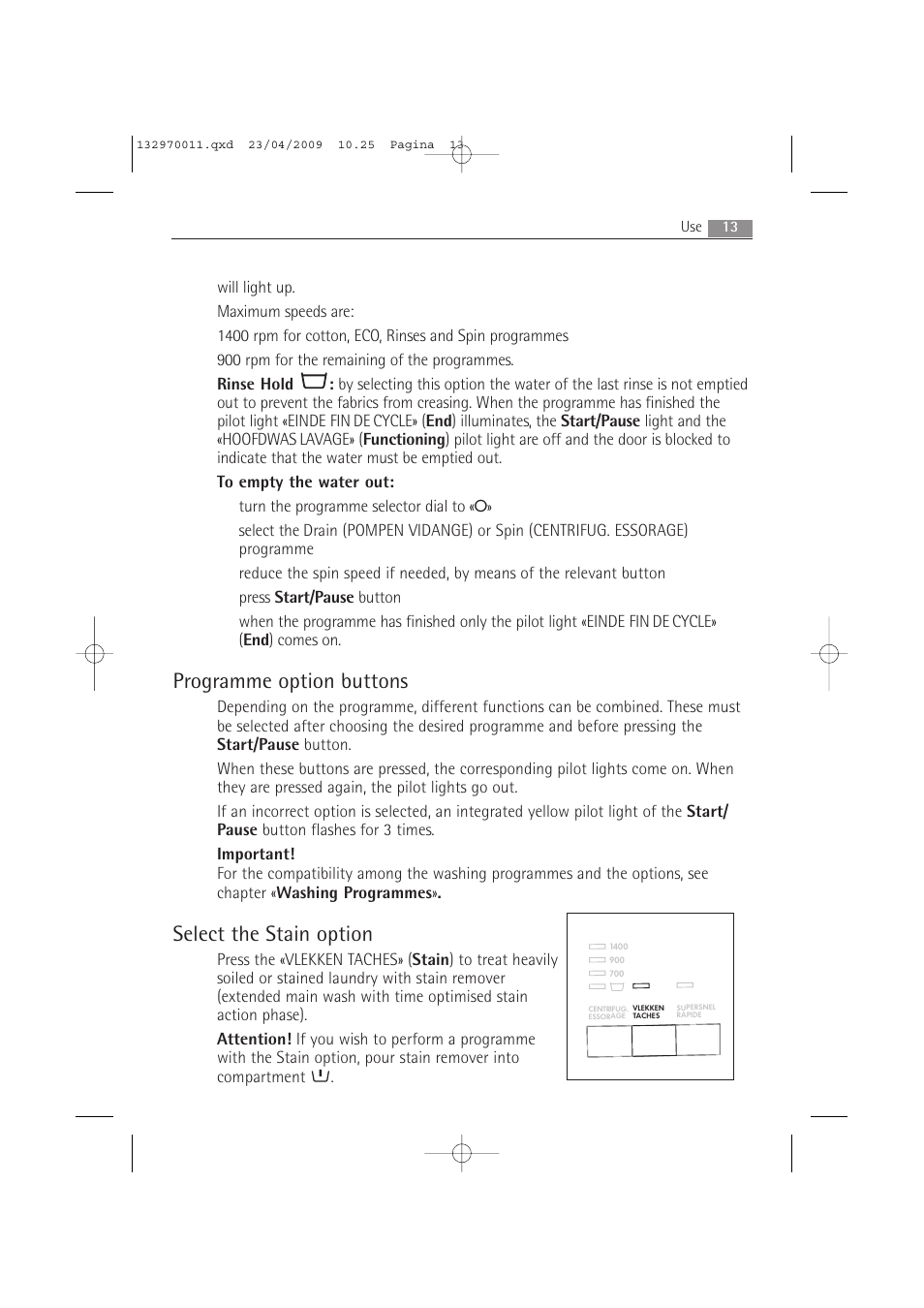 Programme option buttons, Select the stain option | AEG LAVAMAT 54840 User Manual | Page 13 / 44
