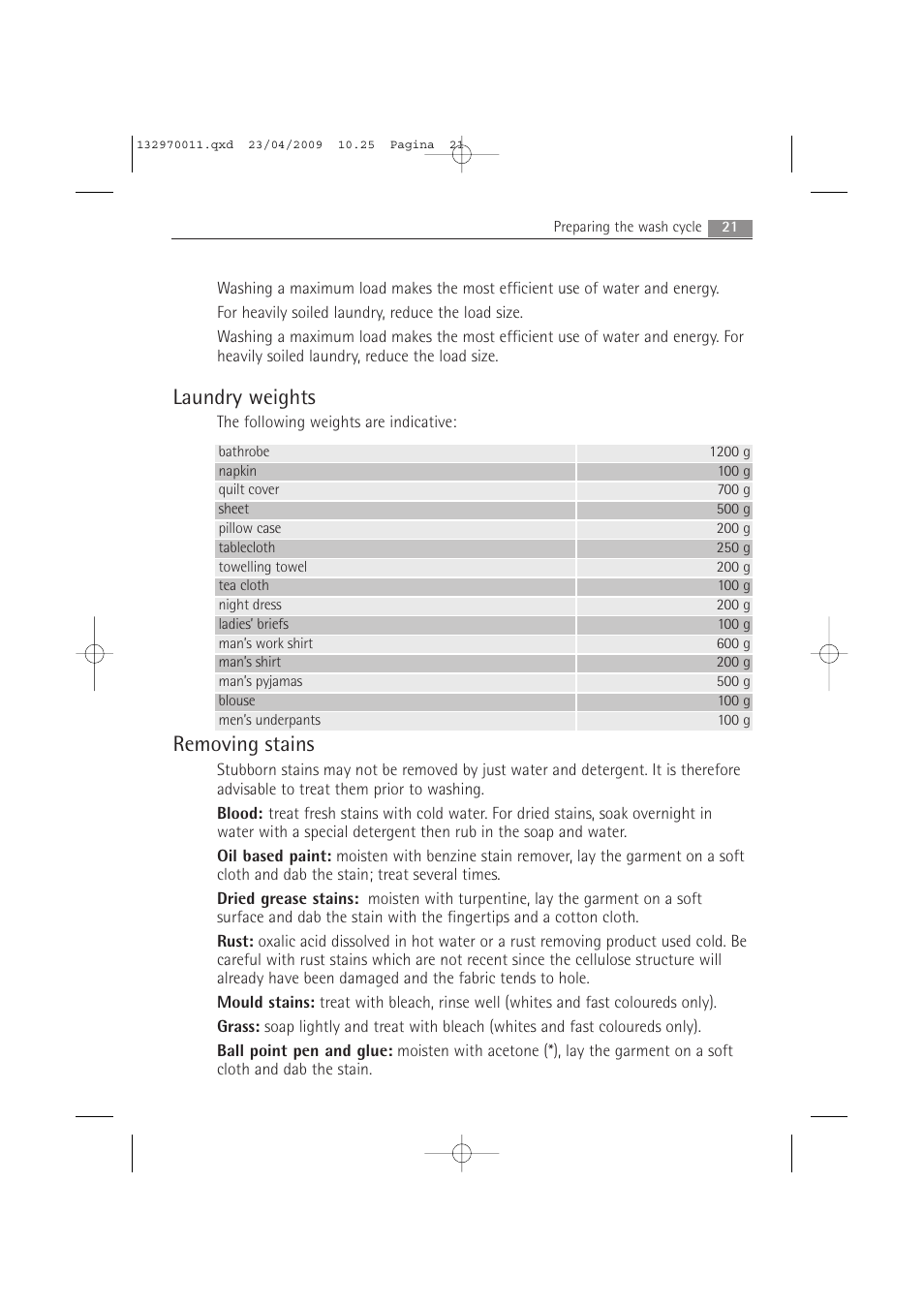 Laundry weights, Removing stains | AEG LAVAMAT 54840 User Manual | Page 21 / 44