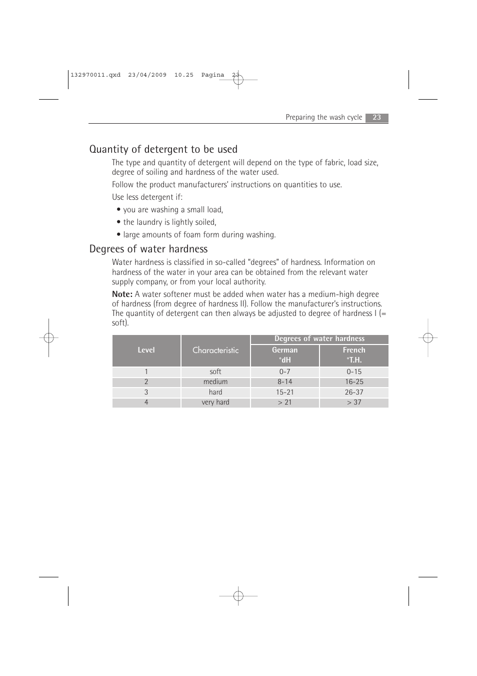 Quantity of detergent to be used, Degrees of water hardness | AEG LAVAMAT 54840 User Manual | Page 23 / 44