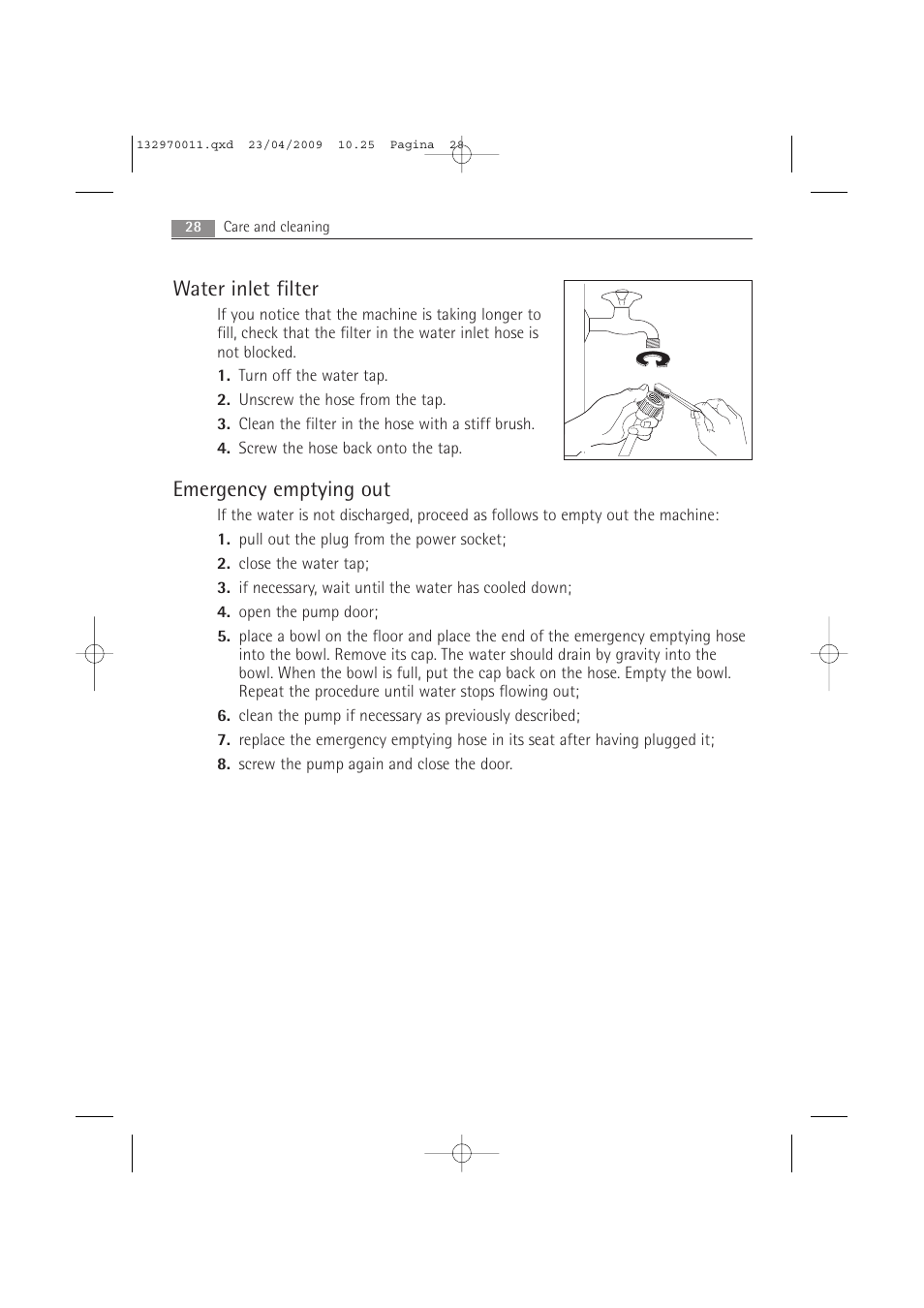 Water inlet filter, Emergency emptying out | AEG LAVAMAT 54840 User Manual | Page 28 / 44