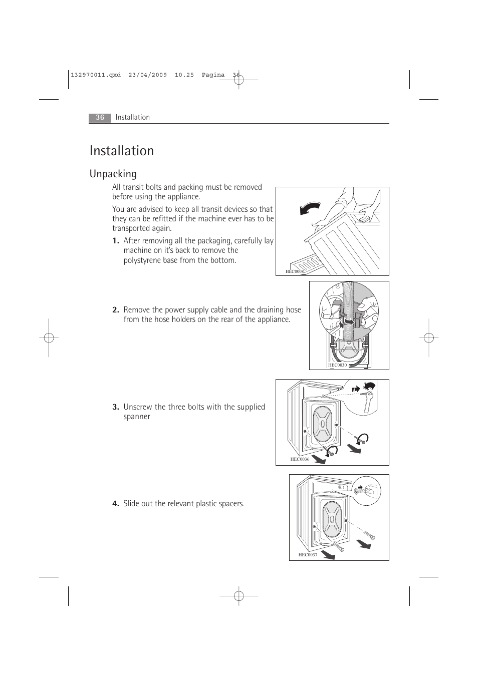 Installation, Unpacking | AEG LAVAMAT 54840 User Manual | Page 36 / 44