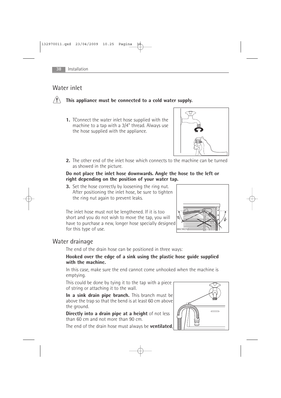 Water inlet, Water drainage | AEG LAVAMAT 54840 User Manual | Page 38 / 44