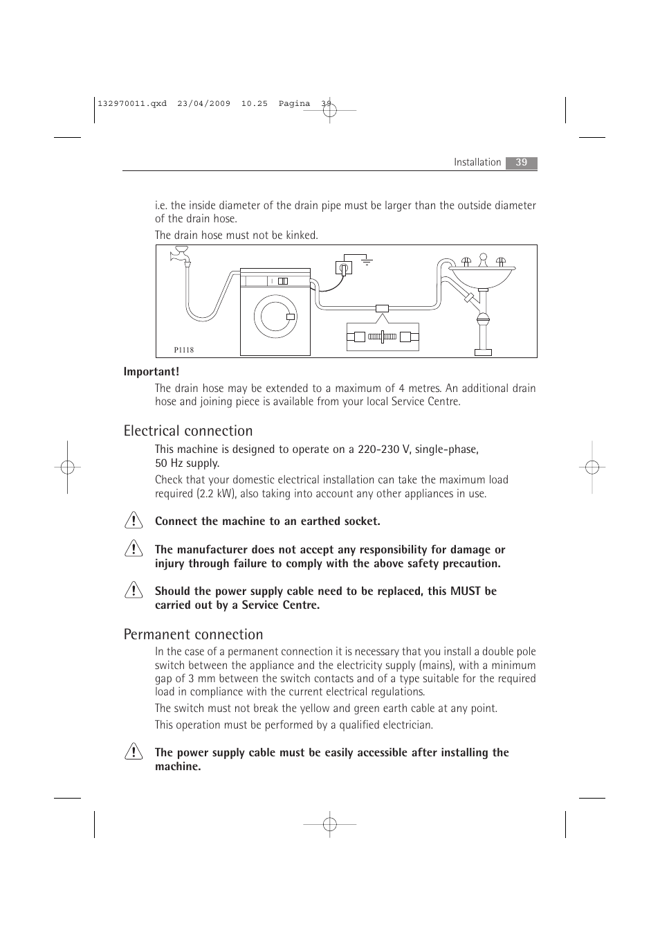 Electrical connection, Permanent connection | AEG LAVAMAT 54840 User Manual | Page 39 / 44