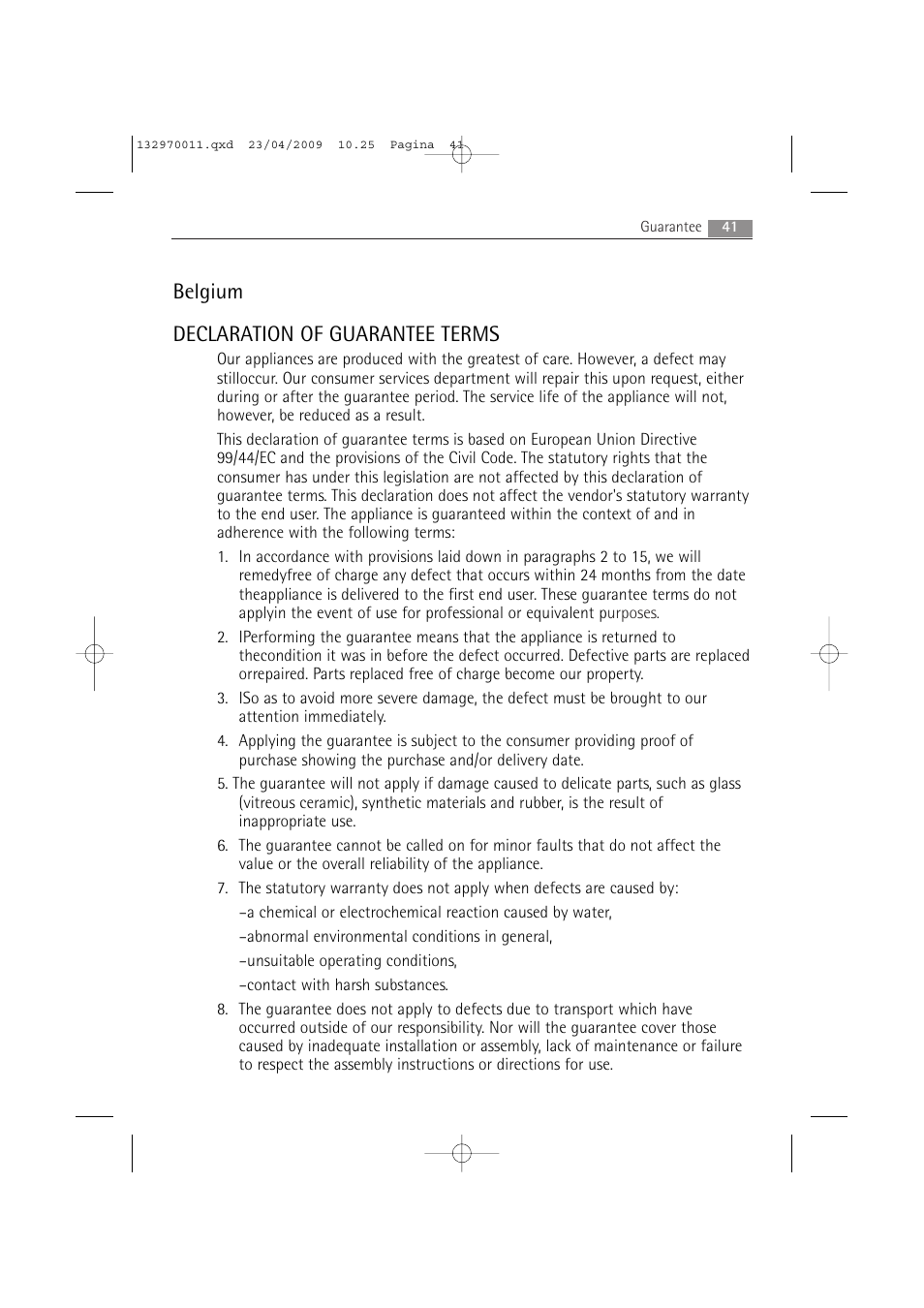 Belgium declaration of guarantee terms | AEG LAVAMAT 54840 User Manual | Page 41 / 44