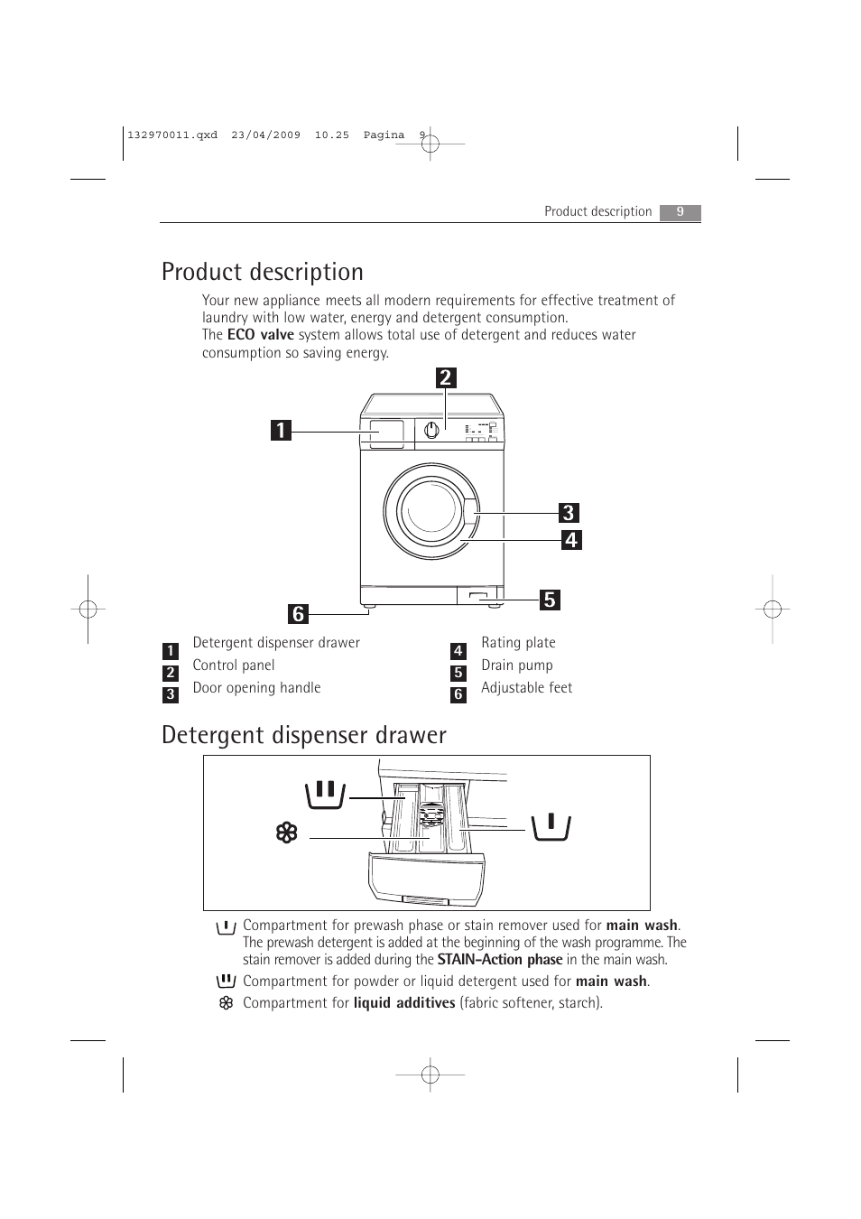 Product description, Detergent dispenser drawer | AEG LAVAMAT 54840 User Manual | Page 9 / 44