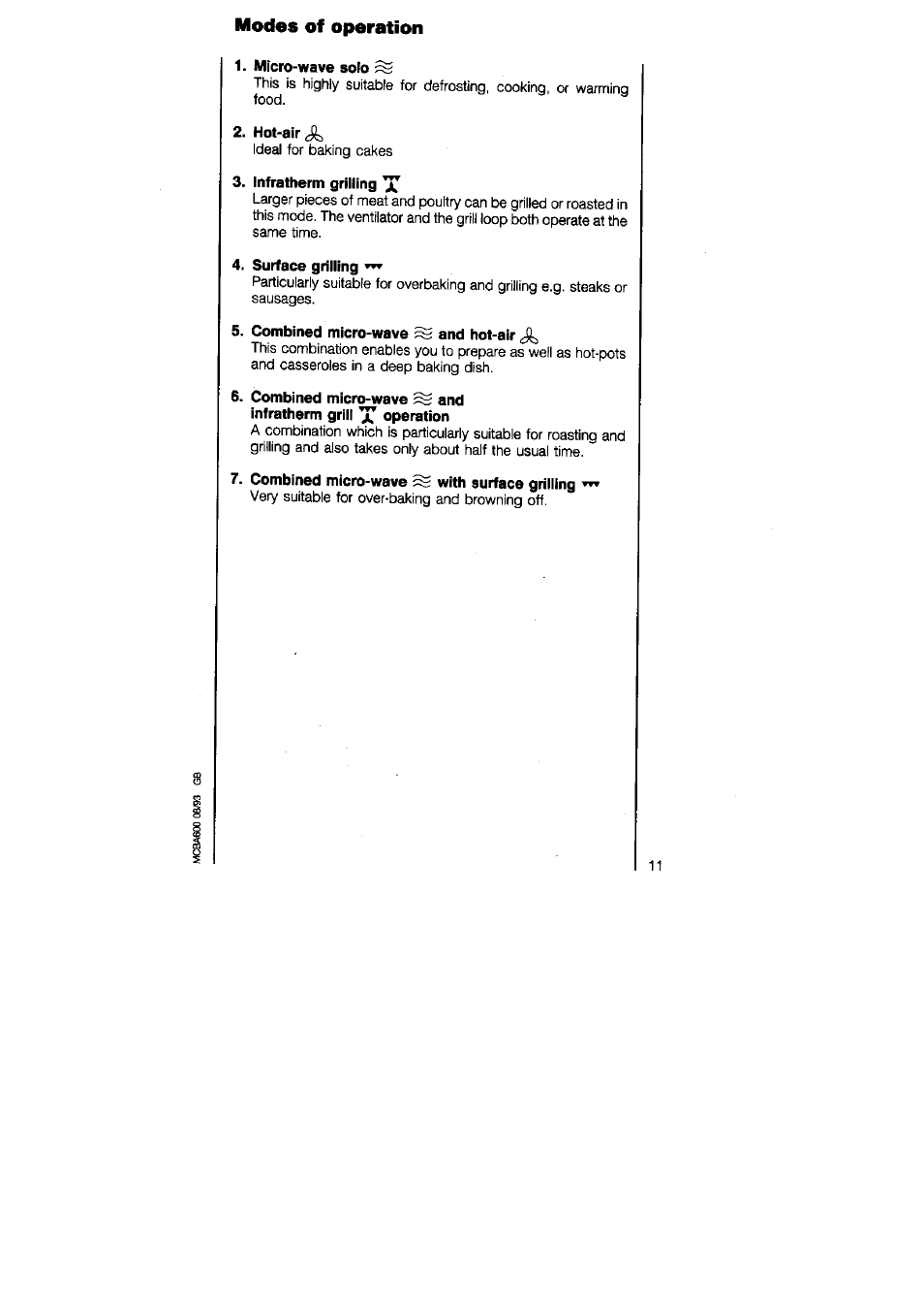 Modes of operation, Micro-wave sofo, Hot-air | Infratherm grilling, Surface grilling, Combined micro-wave ^ and hot-air, Combined micro-wave ^ with surface grilling | AEG MICROMAT 625 User Manual | Page 11 / 40