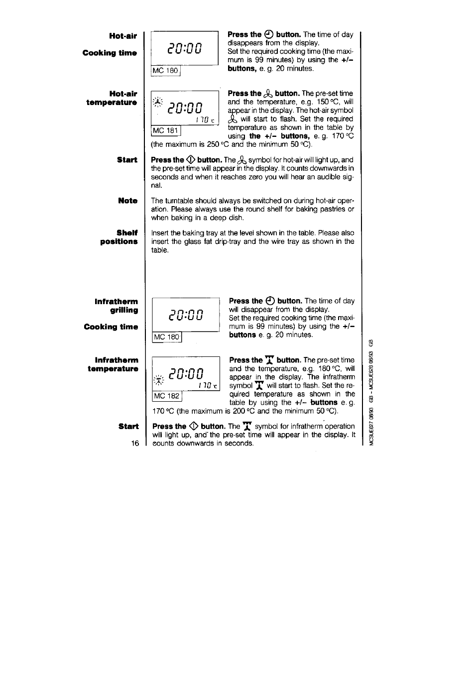 Hot-air cooking time, Hot-air, Start | Note, Shelf | AEG MICROMAT 625 User Manual | Page 16 / 40