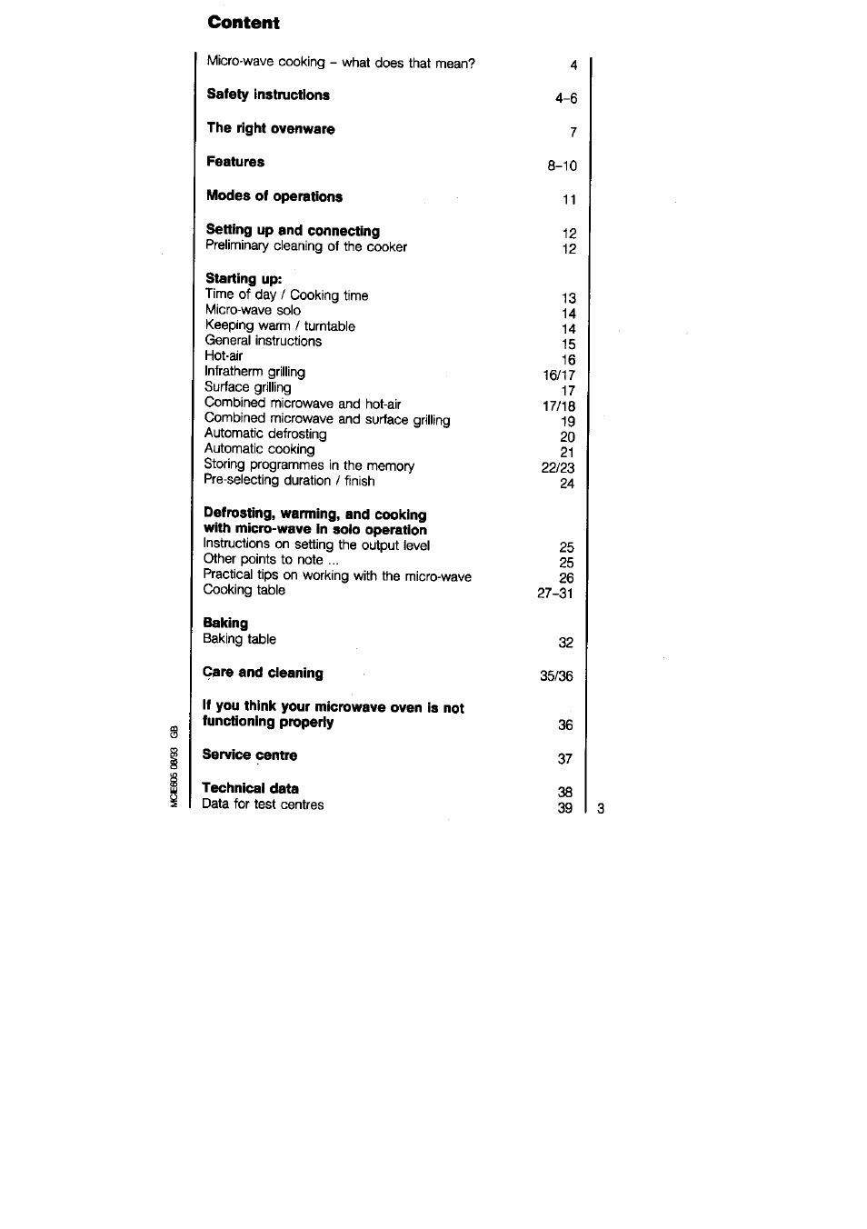 Content, Modes of operations, Setting up and connecting | Starting up, Baking, Care and cleaning, Service centre, Technicai data | AEG MICROMAT 625 User Manual | Page 3 / 40