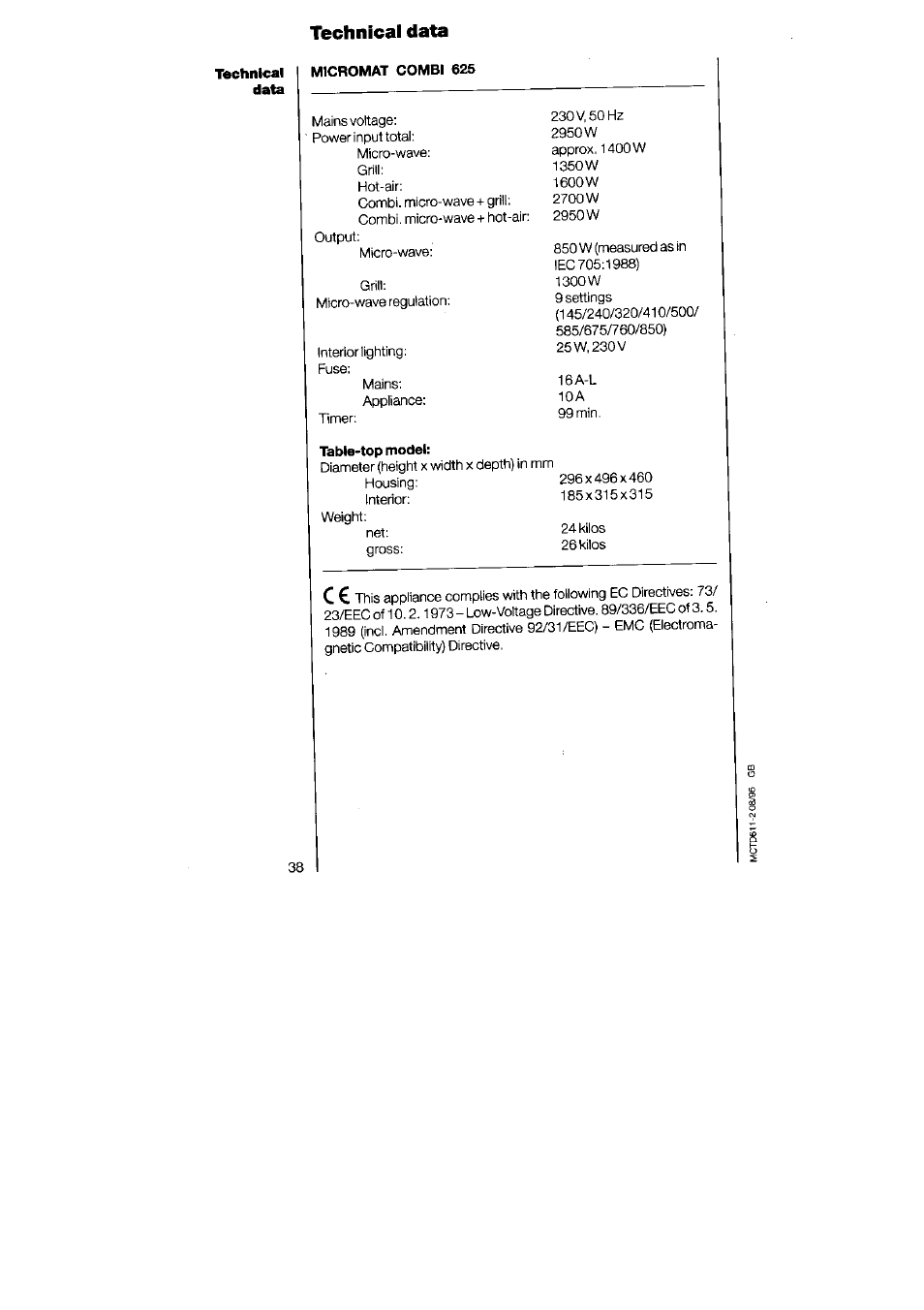 Technical data | AEG MICROMAT 625 User Manual | Page 38 / 40