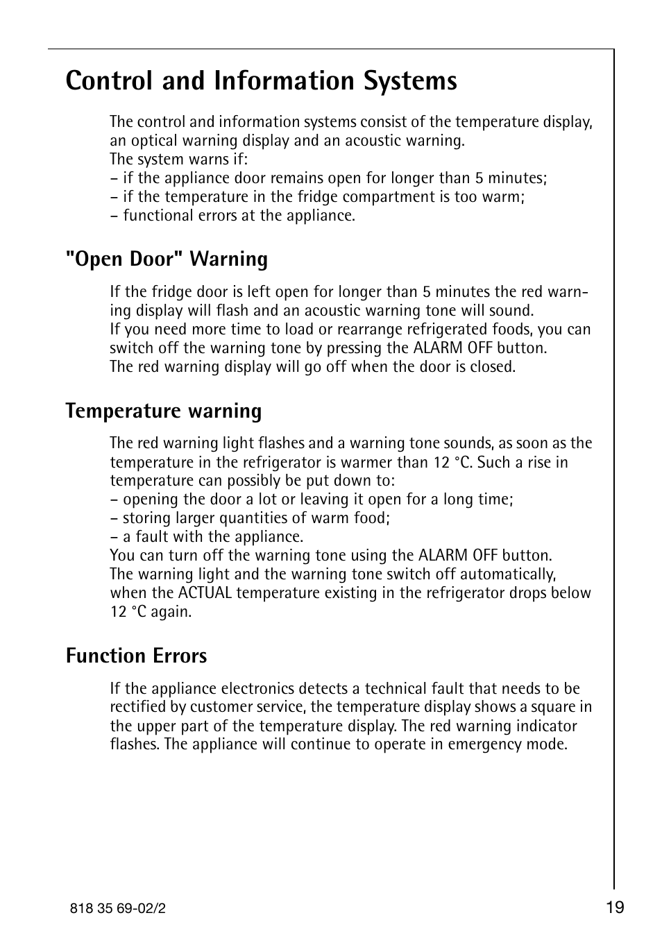 Control and information systems, Open door" warning, Temperature warning | Function errors | AEG 72358-KA3 User Manual | Page 19 / 32