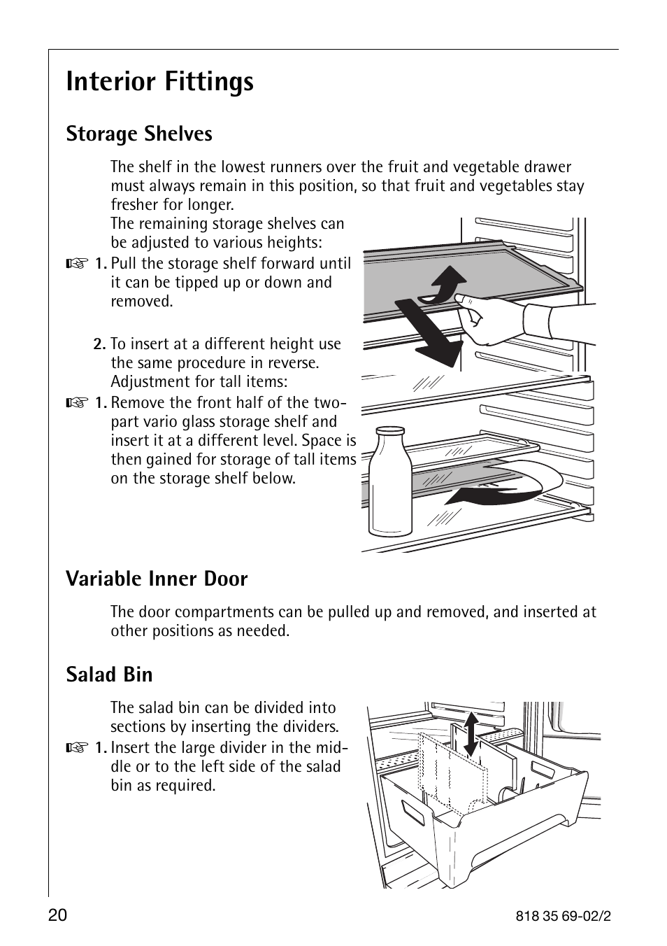 Interior fittings, Storage shelves, Variable inner door | Salad bin | AEG 72358-KA3 User Manual | Page 20 / 32