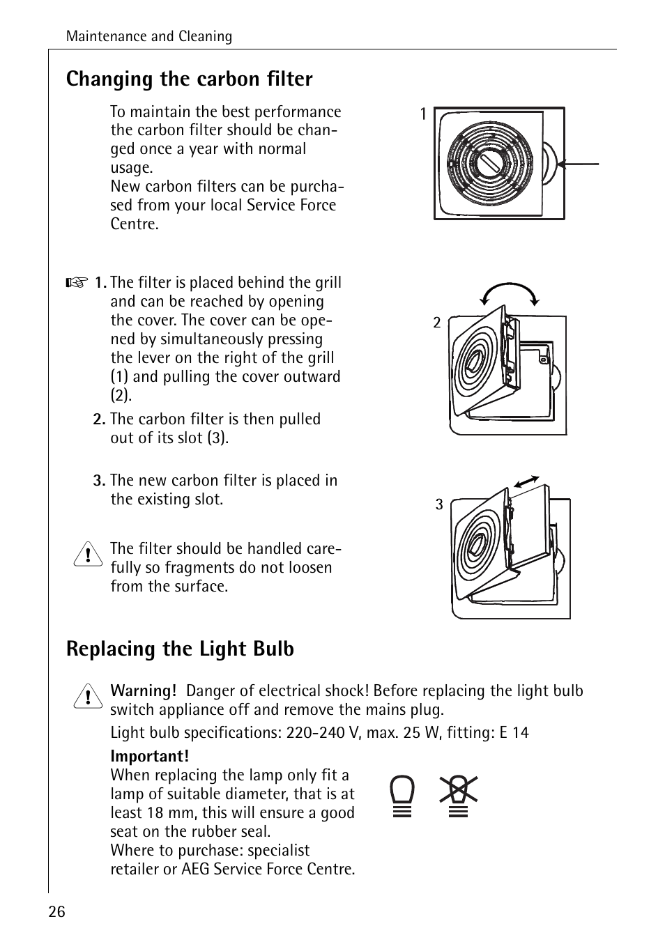 Changing the carbon filter, Replacing the light bulb | AEG 72358-KA3 User Manual | Page 26 / 32