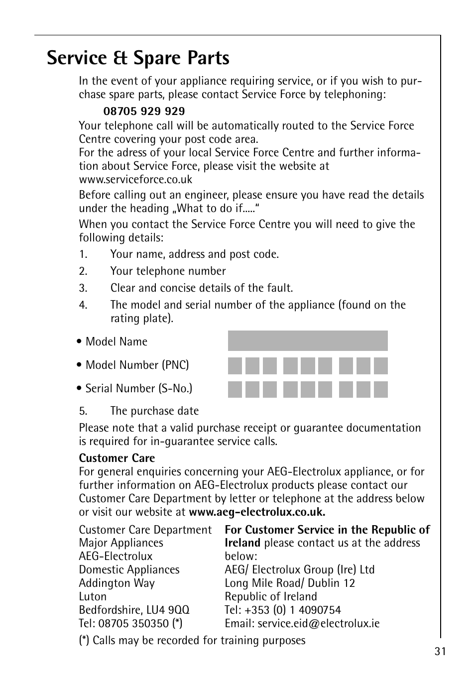 Service & spare parts | AEG 72358-KA3 User Manual | Page 31 / 32