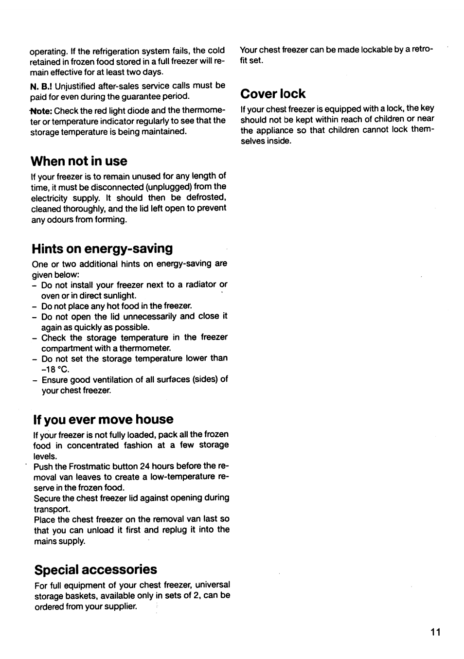 When not in use, Hints on energy-saving, If you ever move house | Cover lock, Special accessories | AEG OKO_ARCTIS 2682 GT User Manual | Page 11 / 12