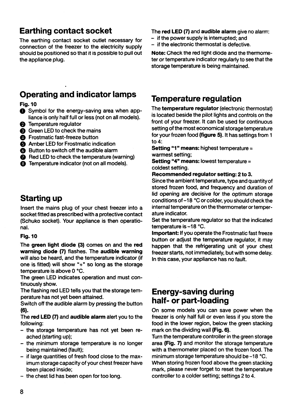 Earthing contact socket, Operating and indicator lamps, Starting up | Temperature regulation, Energy-saving during half- or part-loading | AEG OKO_ARCTIS 2682 GT User Manual | Page 8 / 12