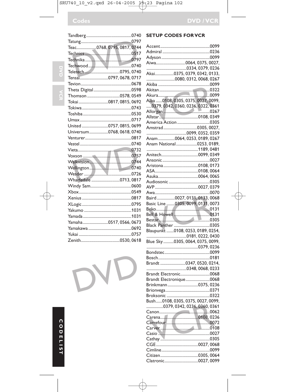 Dvd vcr dvd vcr dvd vcr | Philips Mando a distancia universal User Manual | Page 102 / 116