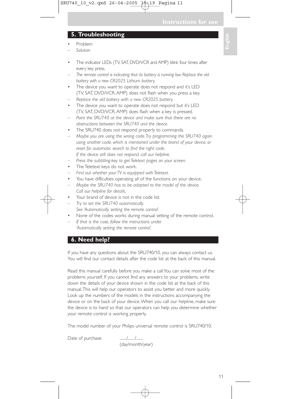 Troubleshooting, Need help, Instructions for use | Philips Mando a distancia universal User Manual | Page 11 / 116