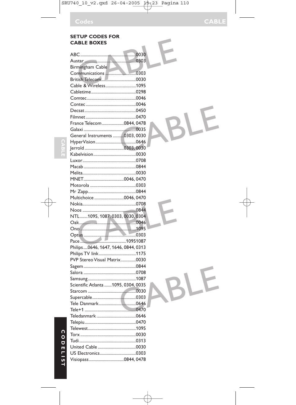 Cable | Philips Mando a distancia universal User Manual | Page 110 / 116