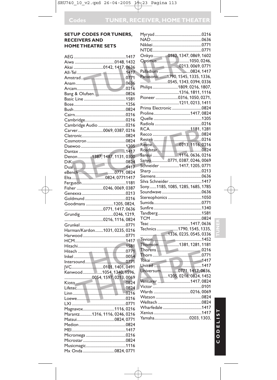 Tuner receiver home thea tre | Philips Mando a distancia universal User Manual | Page 113 / 116