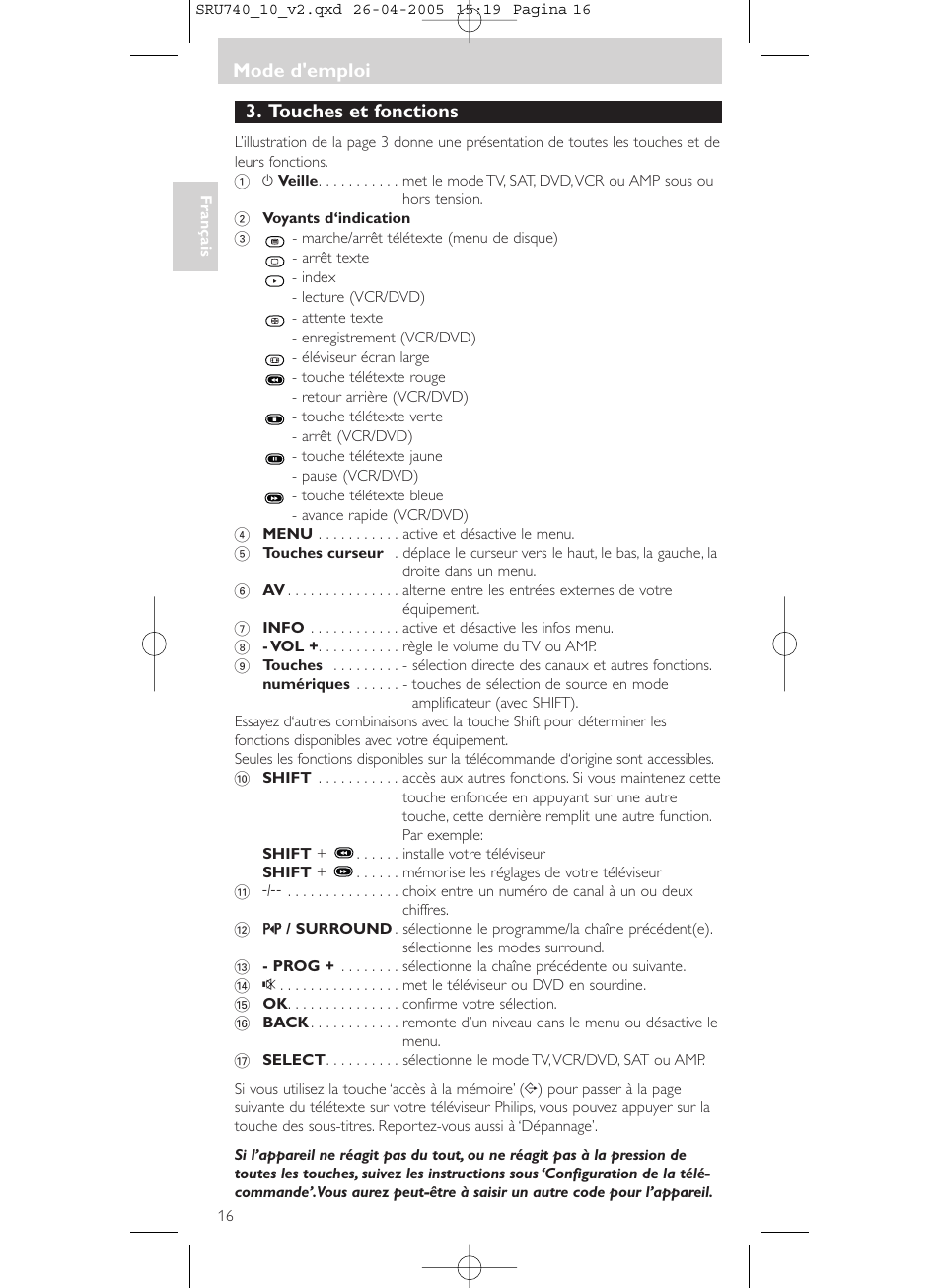 Touches et fonctions, Mode d'emploi | Philips Mando a distancia universal User Manual | Page 16 / 116