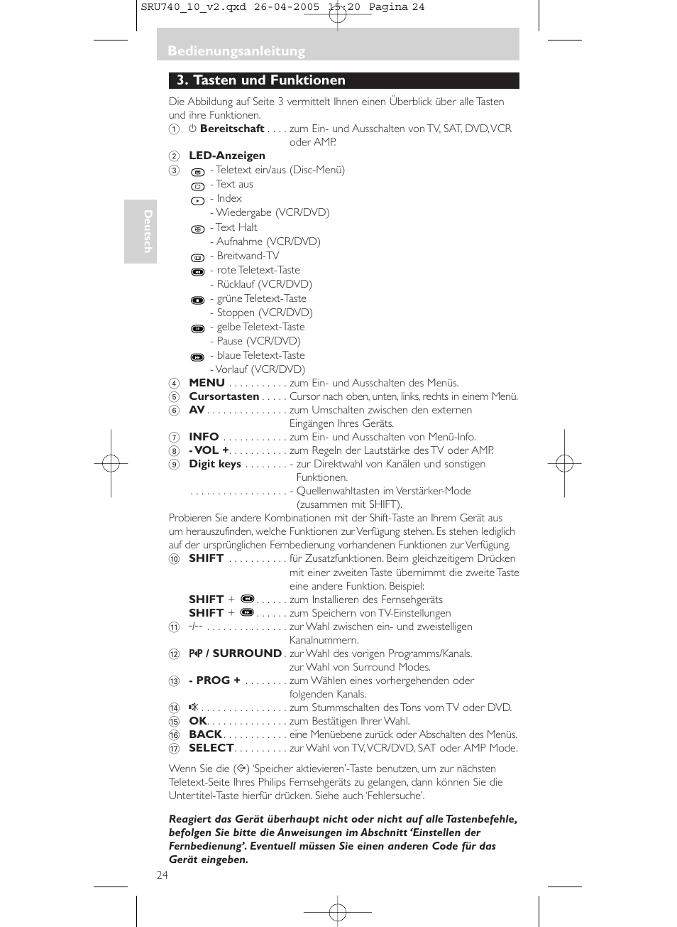 Tasten und funktionen, Bedienungsanleitung | Philips Mando a distancia universal User Manual | Page 24 / 116