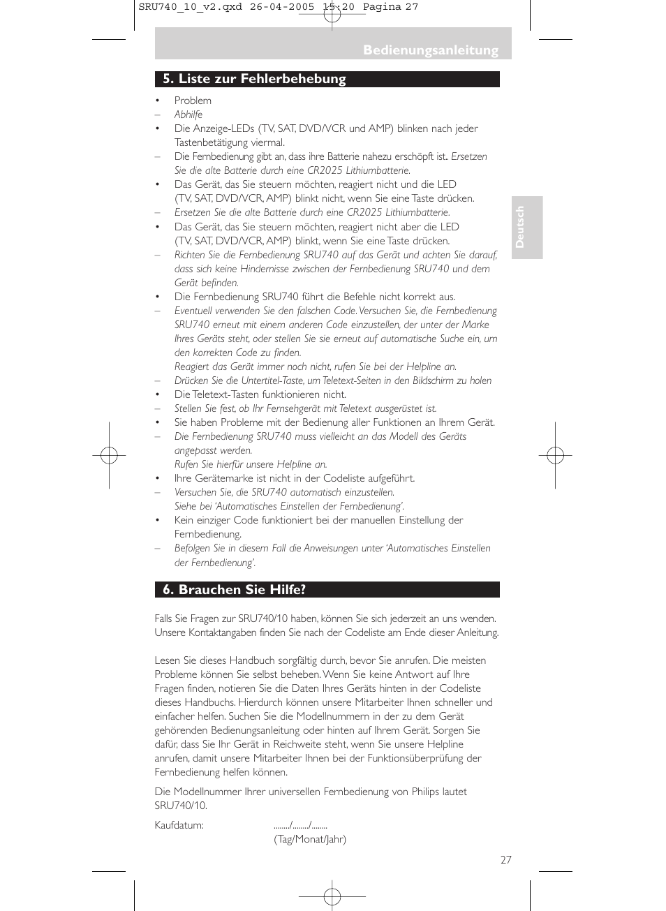 Liste zur fehlerbehebung, Brauchen sie hilfe, Bedienungsanleitung | Philips Mando a distancia universal User Manual | Page 27 / 116