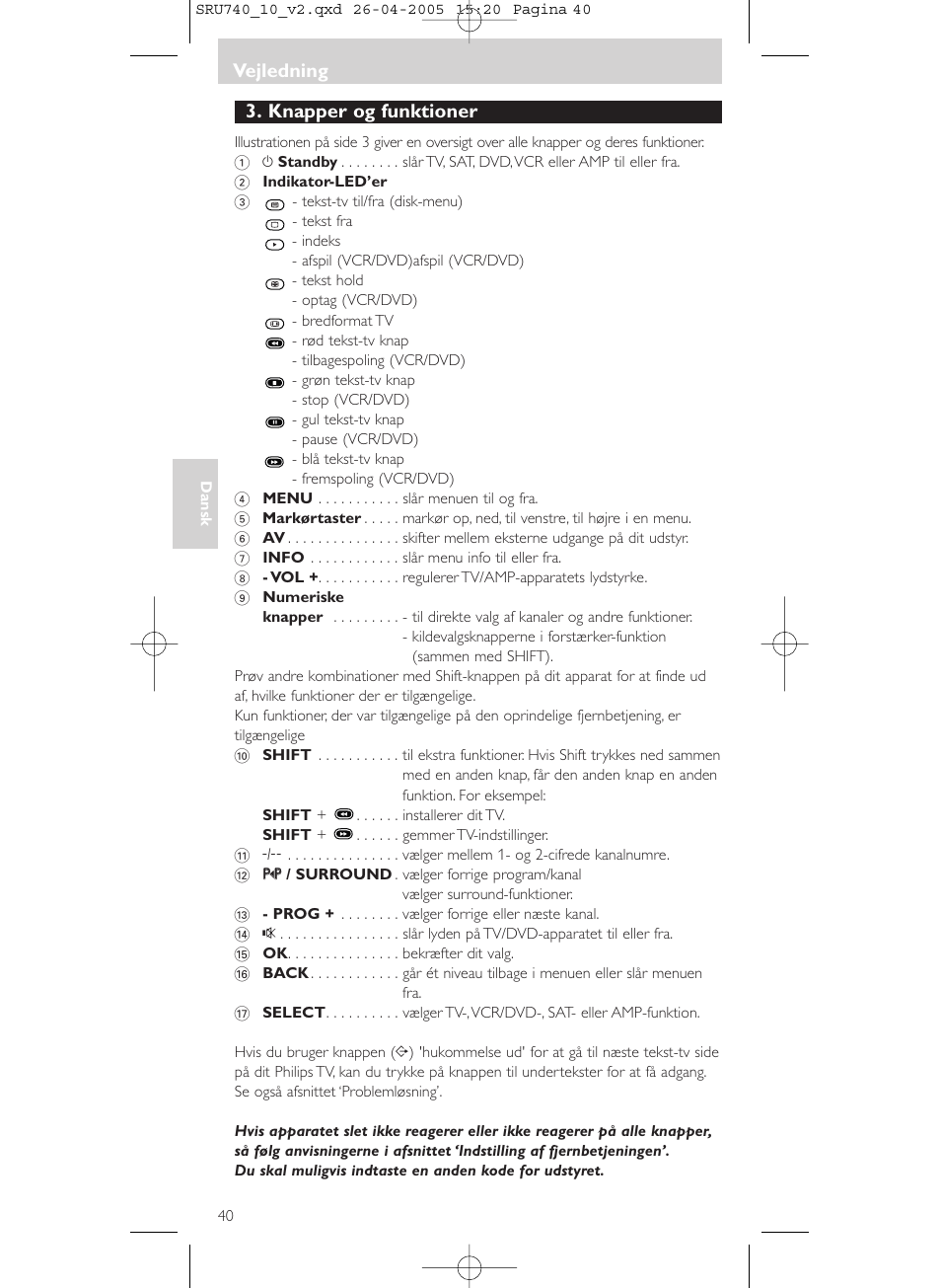 Knapper og funktioner, Vejledning | Philips Mando a distancia universal User Manual | Page 40 / 116