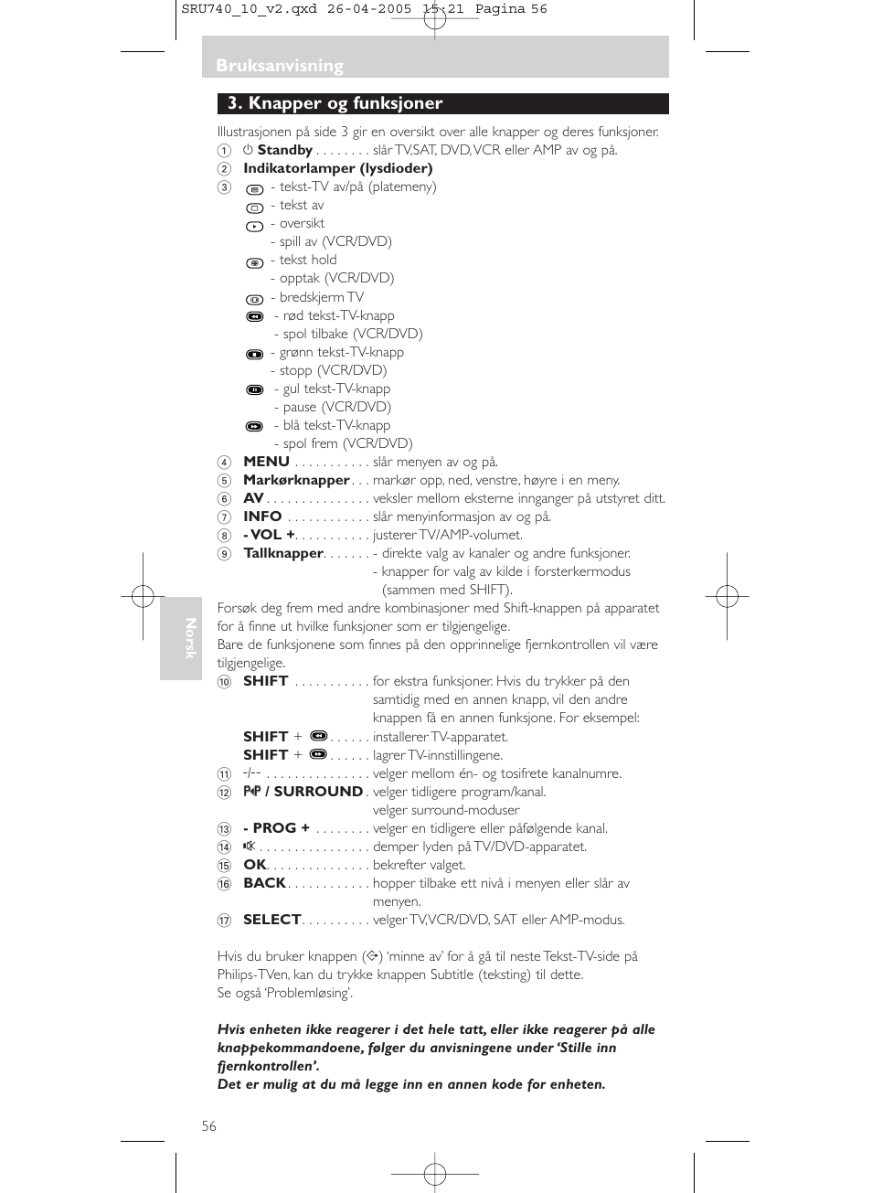 Knapper og funksjoner, Bruksanvisning | Philips Mando a distancia universal User Manual | Page 56 / 116