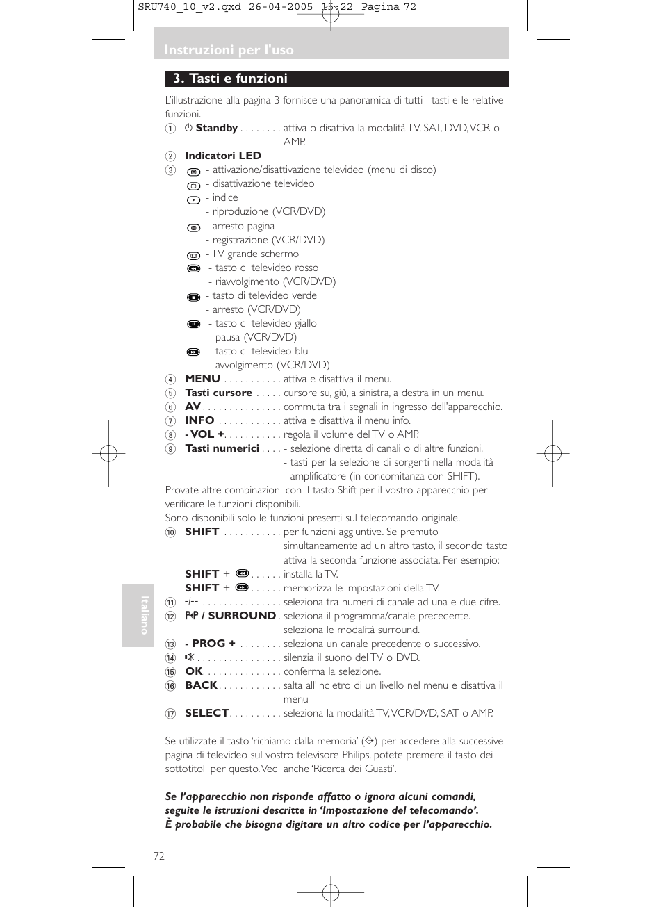 Tasti e funzioni, Instruzioni per l'uso | Philips Mando a distancia universal User Manual | Page 72 / 116