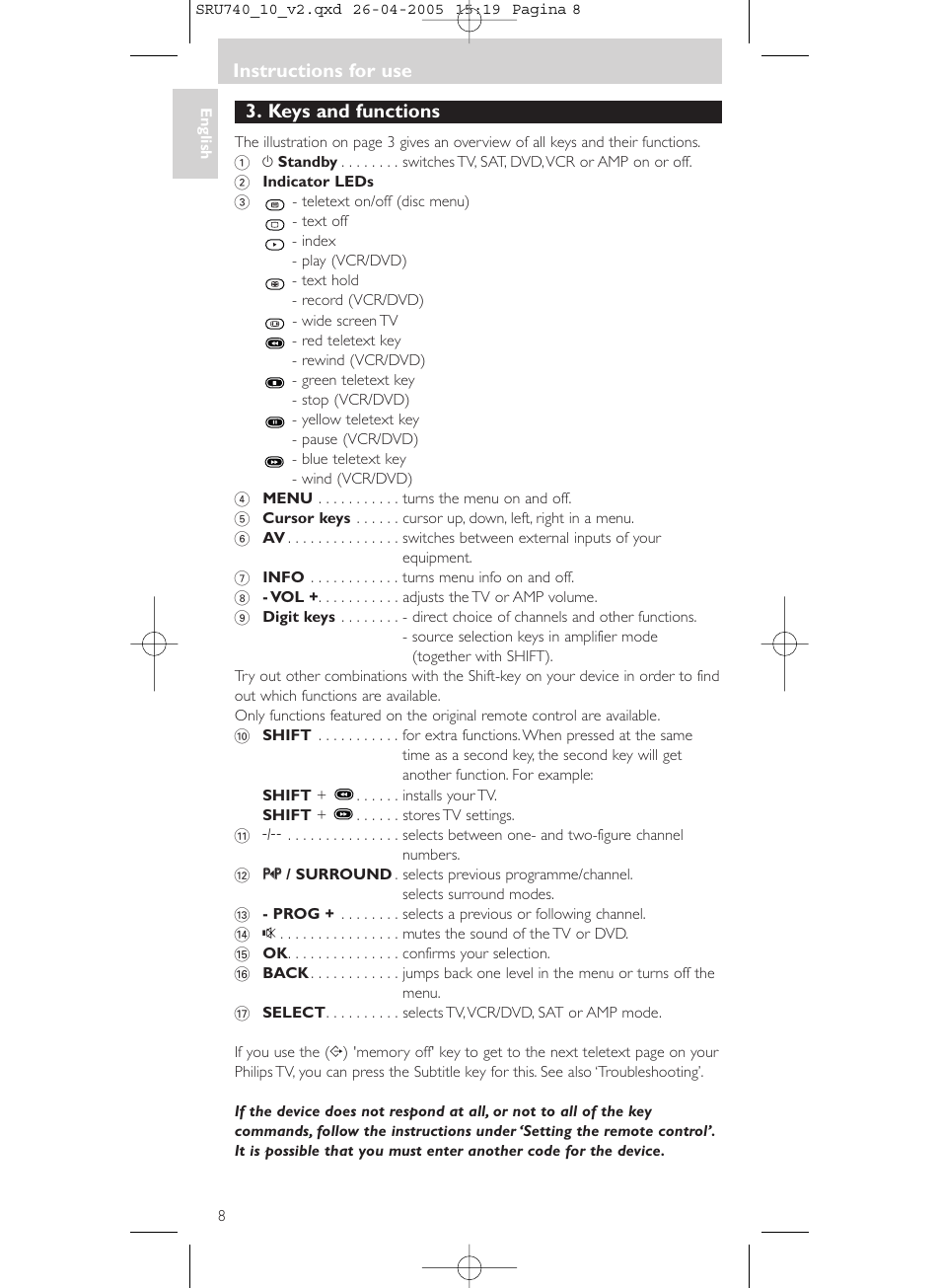 Keys and functions, Instructions for use | Philips Mando a distancia universal User Manual | Page 8 / 116