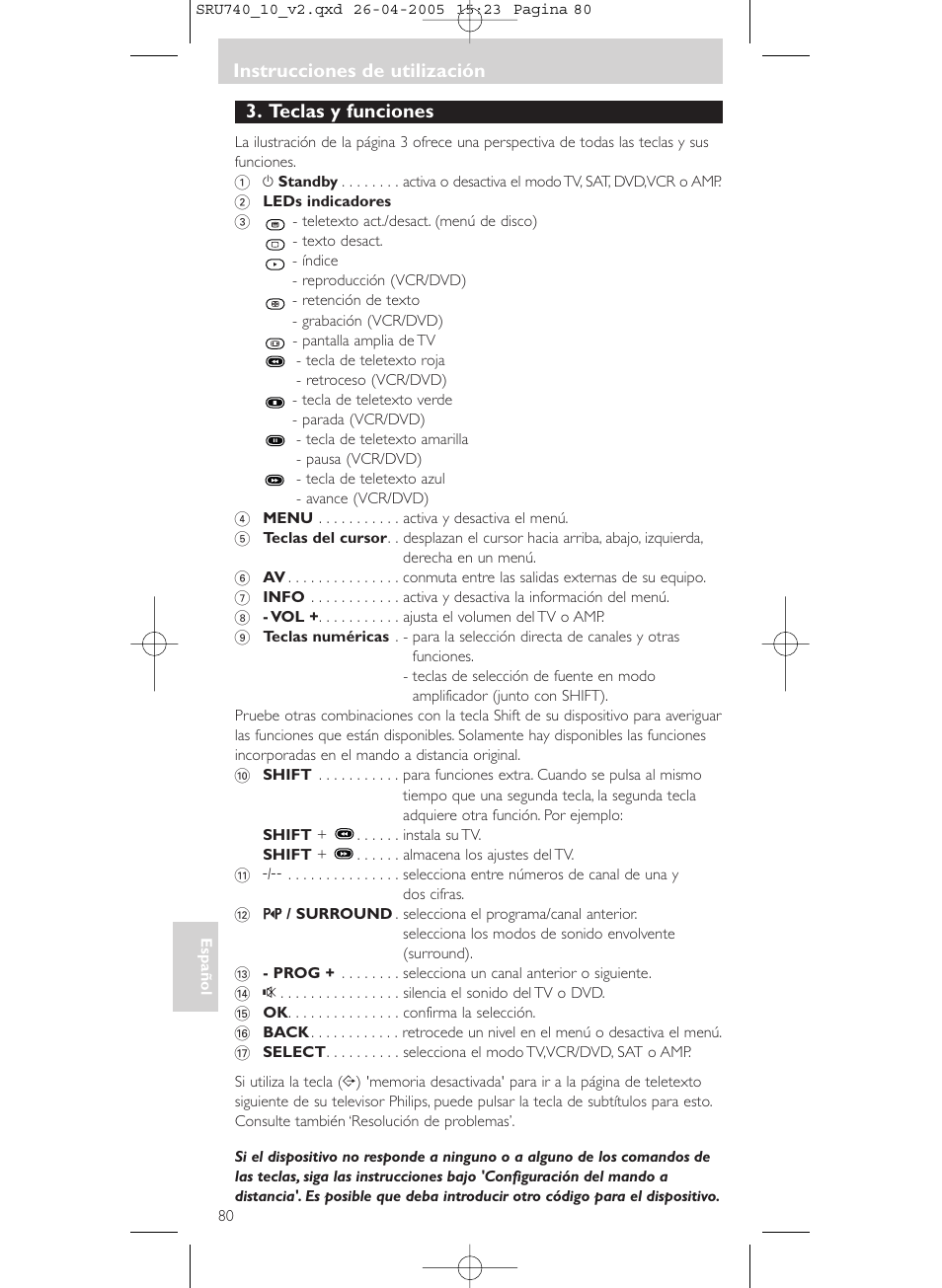 Teclas y funciones, Instrucciones de utilización | Philips Mando a distancia universal User Manual | Page 80 / 116