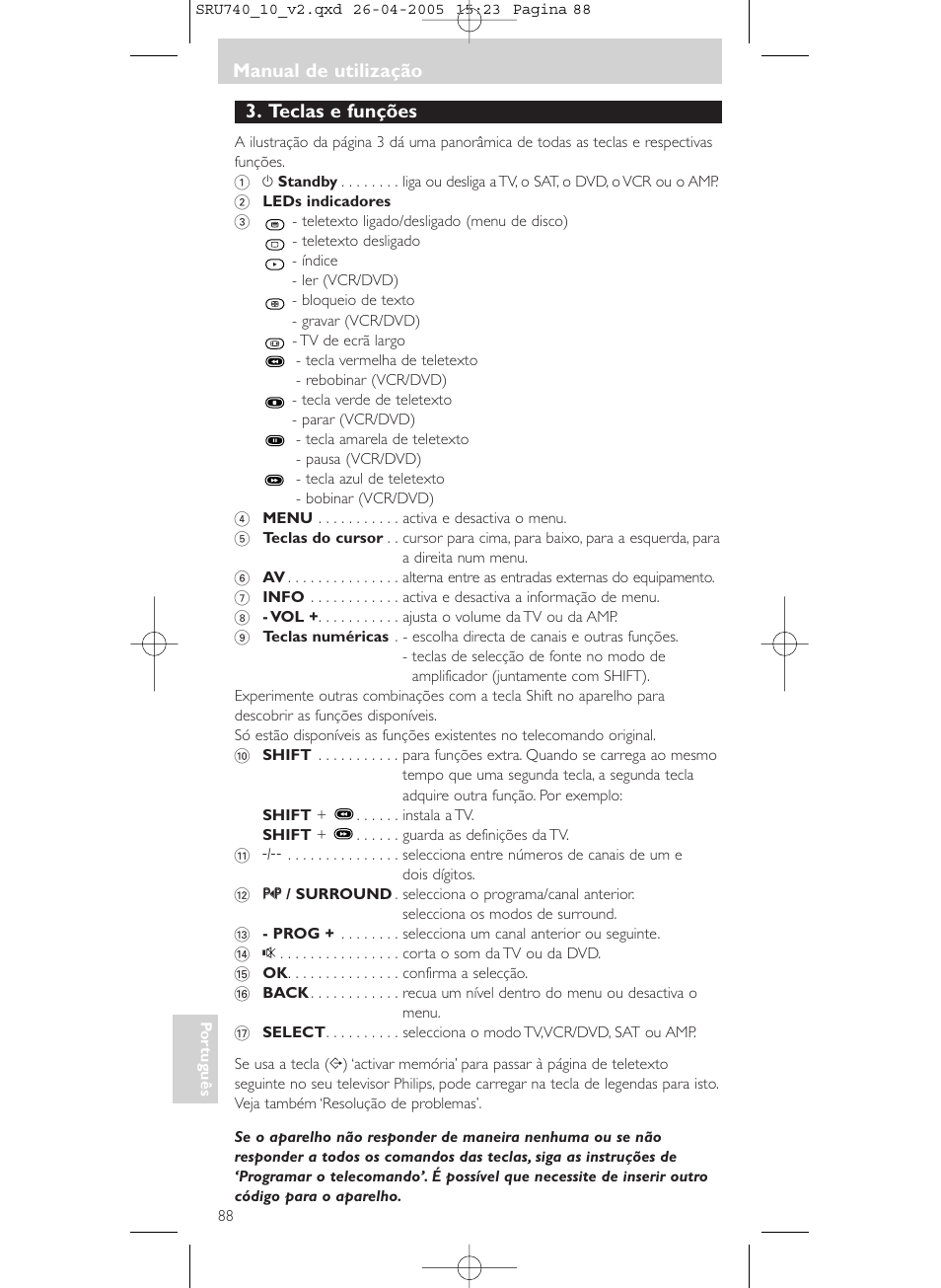 Teclas e funções, Manual de utilização | Philips Mando a distancia universal User Manual | Page 88 / 116