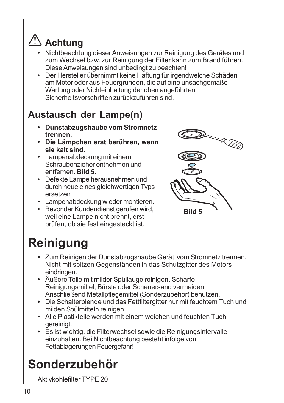 Reinigung, Sonderzubehör, Achtung | Austausch der lampe(n) | AEG DK 4360 User Manual | Page 10 / 68