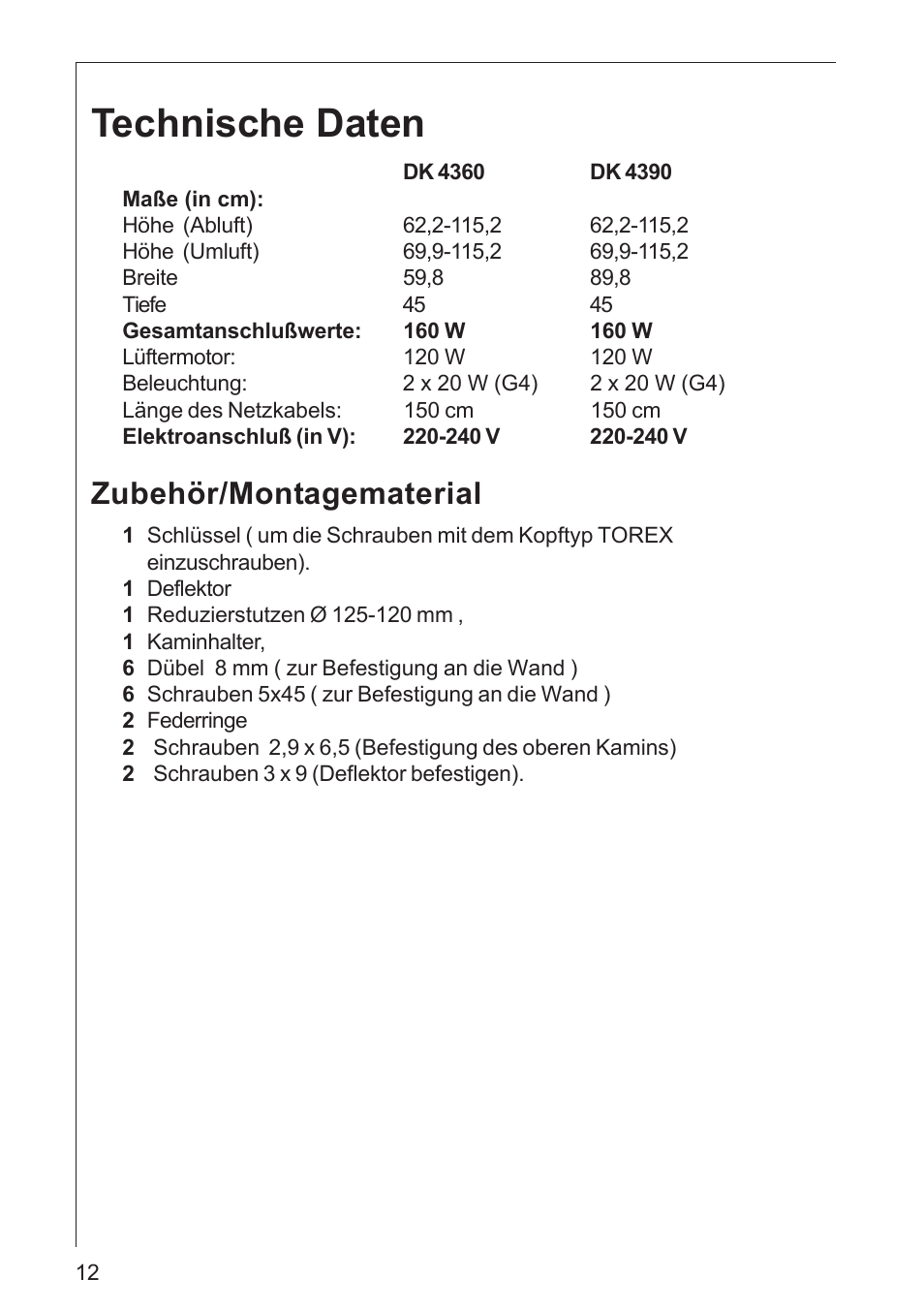 Technische daten, Zubehör/montagematerial | AEG DK 4360 User Manual | Page 12 / 68