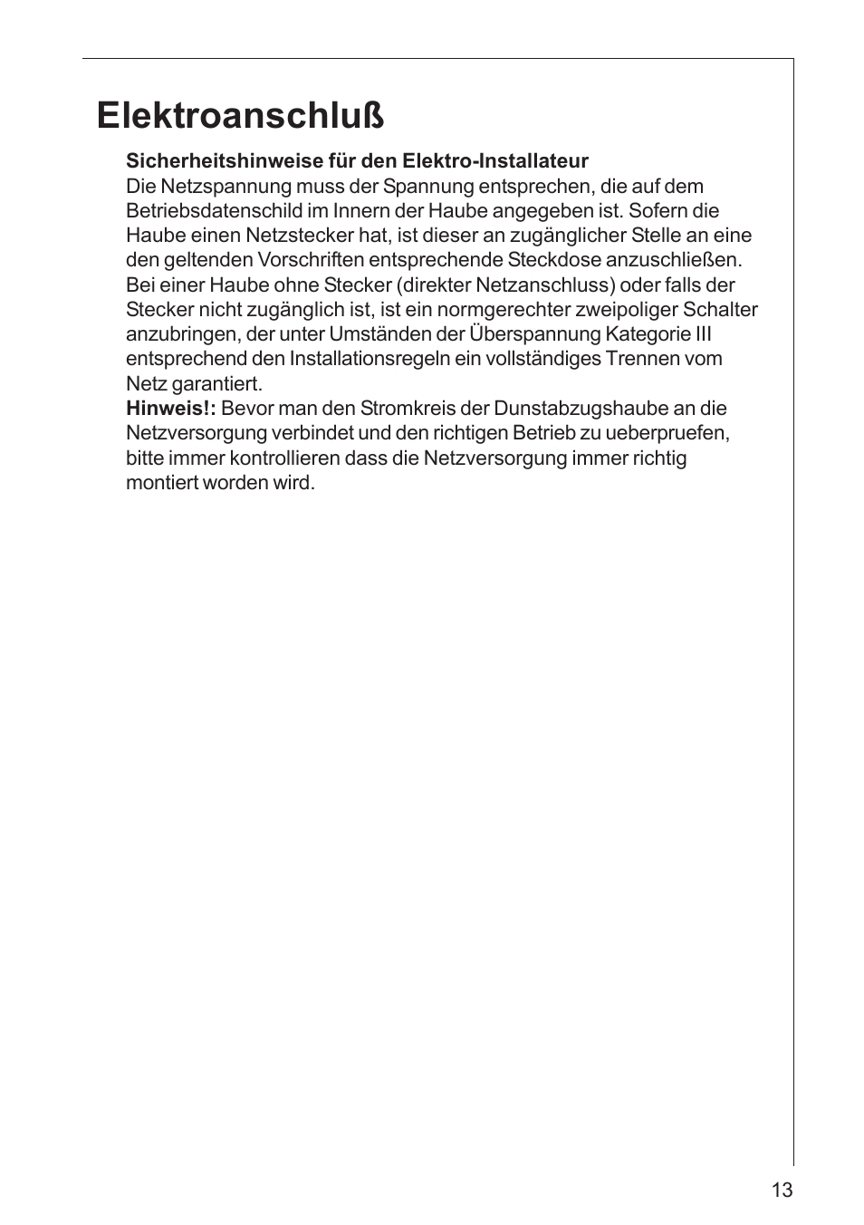 Elektroanschluß | AEG DK 4360 User Manual | Page 13 / 68