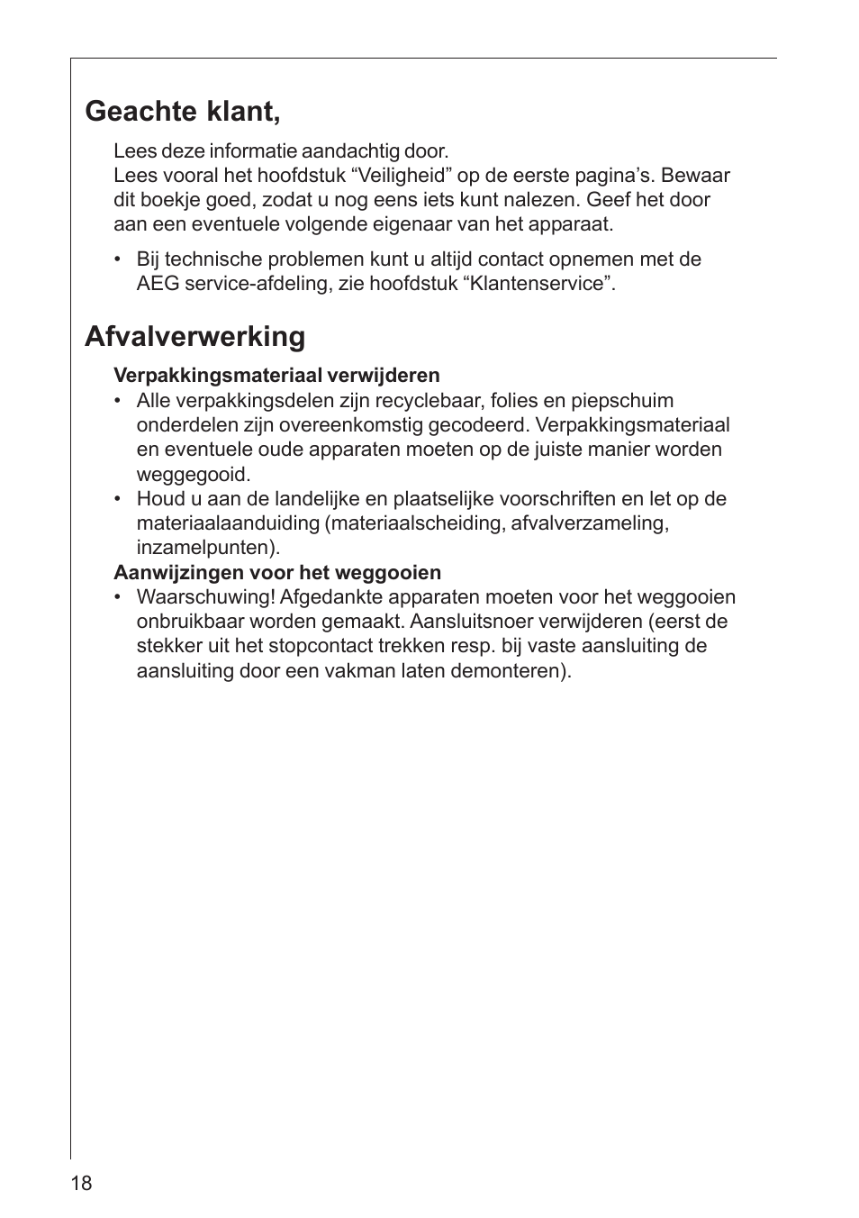 Geachte klant, Afvalverwerking | AEG DK 4360 User Manual | Page 18 / 68