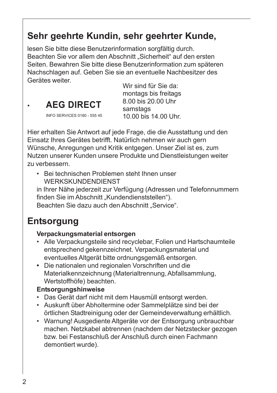 Sehr geehrte kundin, sehr geehrter kunde, Aeg direct, Entsorgung | AEG DK 4360 User Manual | Page 2 / 68